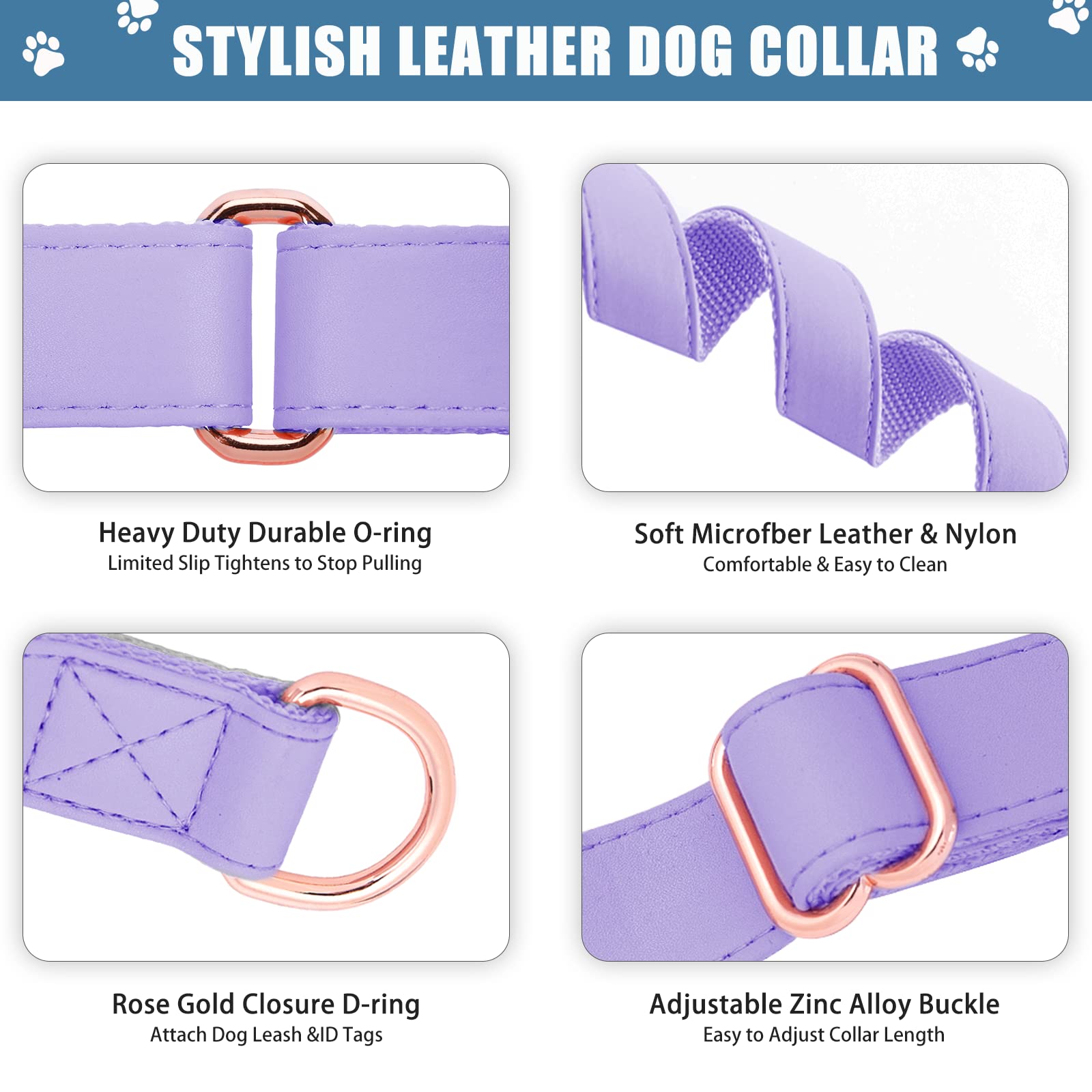 Premium Soft Leather Martingale Dog Collar - Adjustable Rose Gold Slip Collar for Small Medium Large Dogs | Durable Nylon No-Pull Training Collar | Easy to Clean & Stylish | Perfect for Daily Walks, Training Sessions & Outdoor Adventures (Purple)
