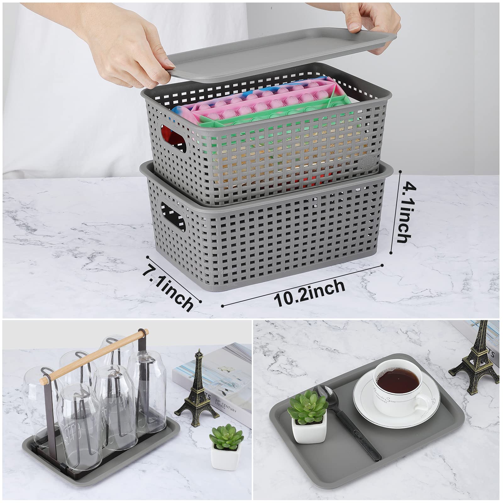AREYZIN Plastic Storage Baskets with Lids - Organizer Bins for Shelves, Closet & Office