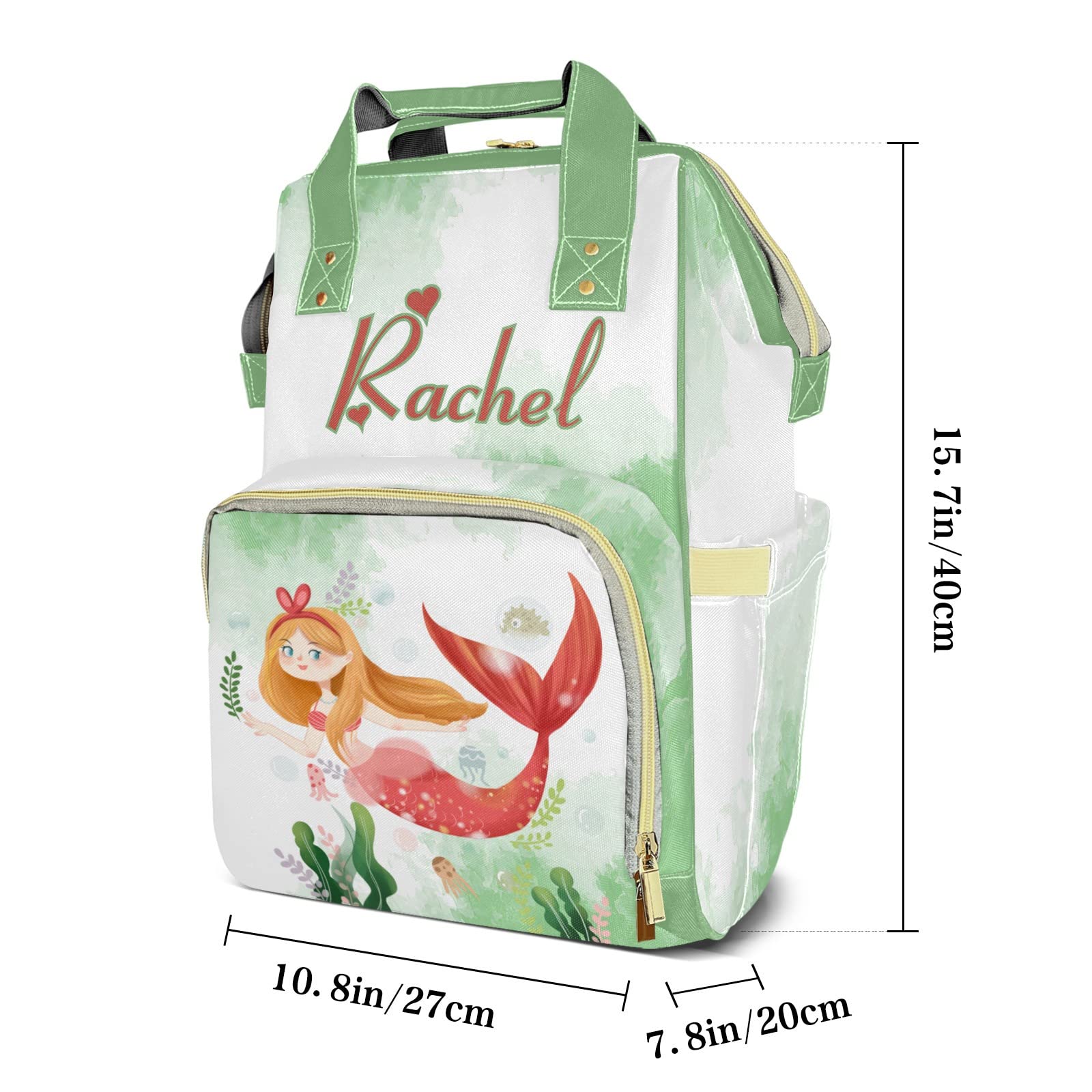 Custom Personalized Mermaid Watercolor Green Mummy Diaper Backpack - Name Embossed Nappy Bag for Baby Essentials | Perfect for Travel, Daycare & On-the-Go Parents