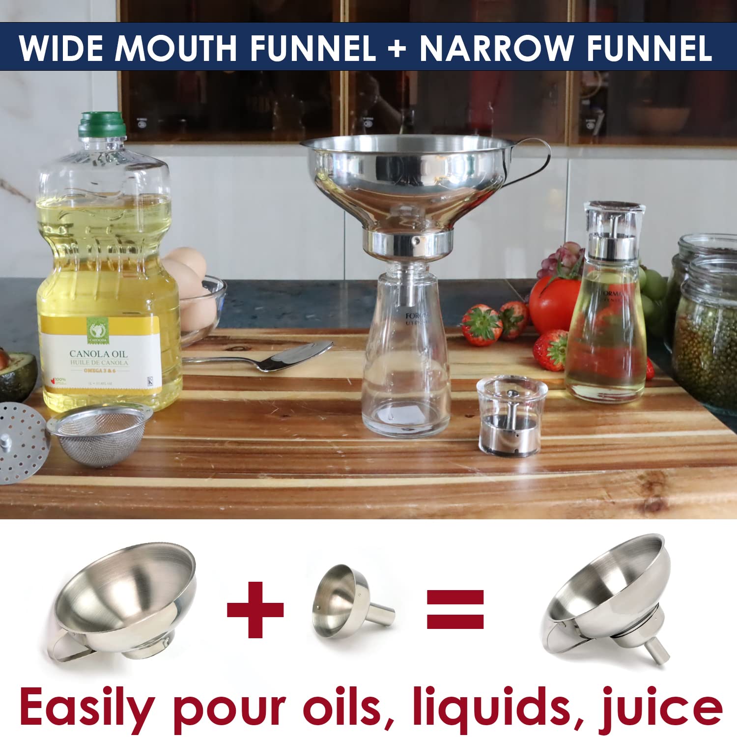 Premium Stainless Steel 4-Piece Funnel and Strainer Set - Wide & Narrow Mouth Canning Funnel for Mason Jars, Transferring Oils, Liquids, Dry Ingredients & Powder - Ideal for Home Canning, Cooking, Baking & DIY Projects