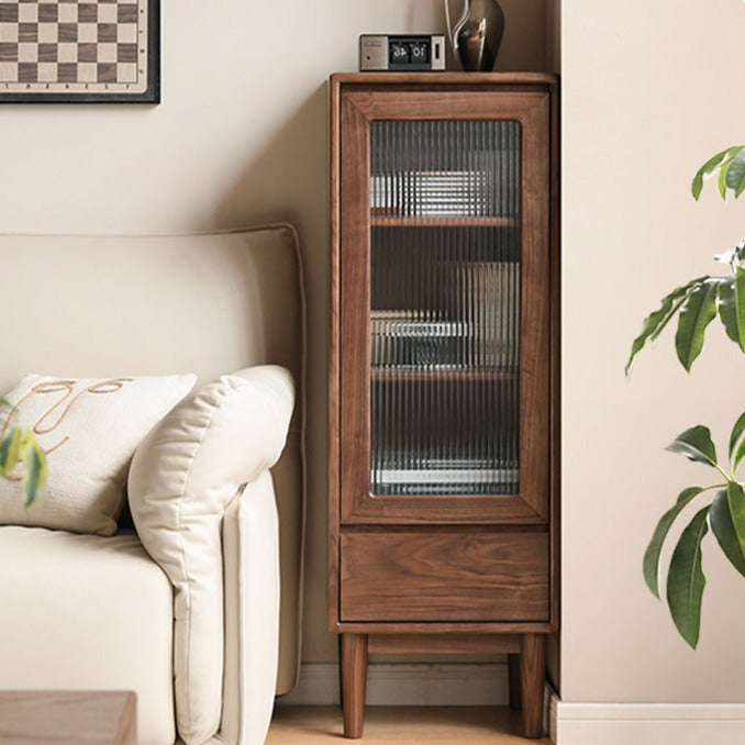 Solid Black Walnut Wood Side Cabinet - Vintage Narrow Storage Cabinet for Bedroom, Living Room & Entryway - Handcrafted Wooden Nightstand with Drawer & Shelf