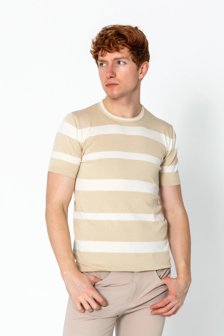 RNT23 Striped Knit T-Shirt Beige - Soft & Comfortable Casual Top for Women | Perfect for Everyday Wear, Layering & Outfits