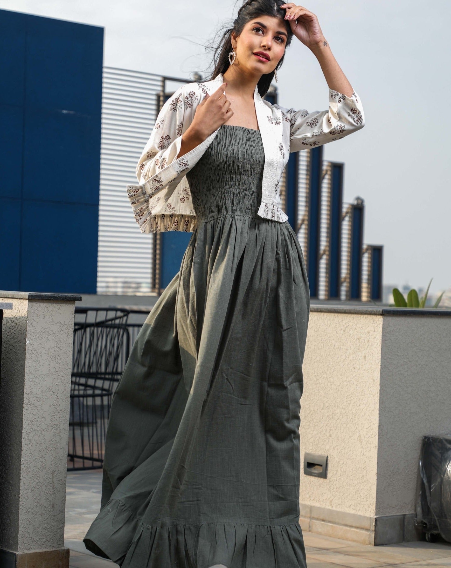 Elegant Grey and White Maxi Dress with Embroidered Jacket - Perfect for Weddings, Parties & Special Occasions