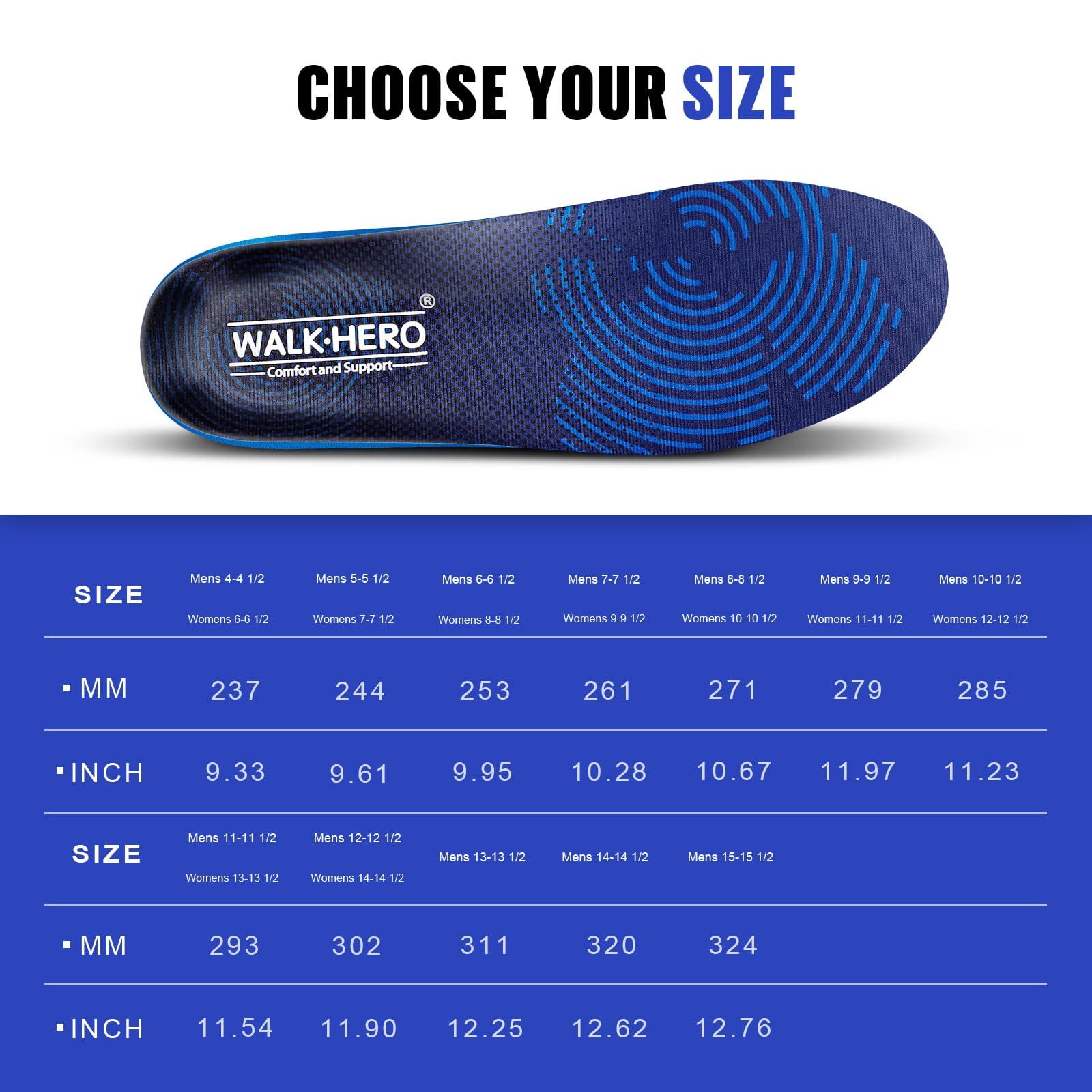 WALKHERO Medium Arch Support Insoles for Plantar Fasciitis Relief - Orthotic Shoe Inserts for Men & Women, Cushioned Foot Pain Relief & Shock Absorption (Blue, Men's Size 7-7.5) - Perfect for Running, Walking & Standing All Day