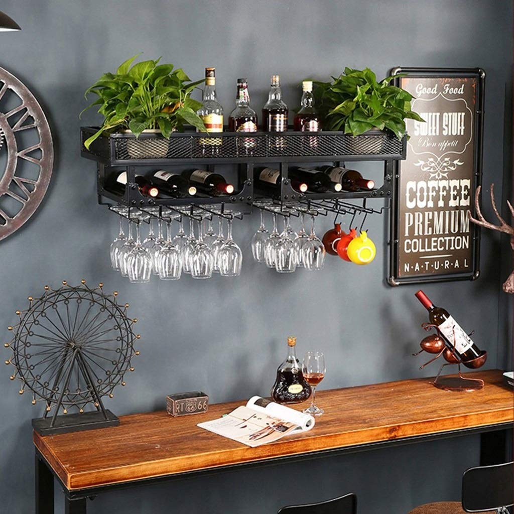 Iron Wall Mount Wine Glass Hanging Holder - 100cm Wine Rack Organizer Stand for Stemware & Goblet Storage - Black Wine Display Shelf - Perfect for Kitchen, Bar, Restaurant & Home Decor
