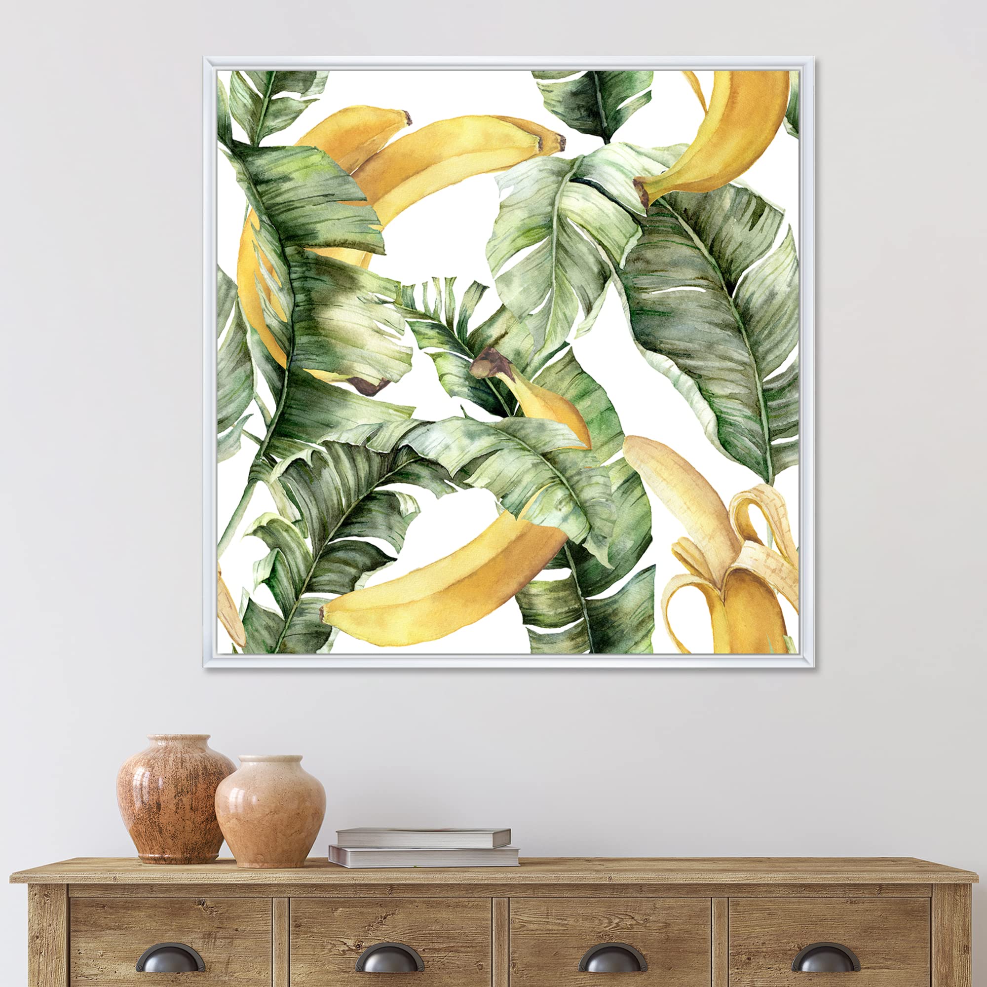 Nautical & Coastal Framed Canvas Wall Art Print with Ripe Bananas and Leaves - Perfect for Beach House Decor, Tropical Theme Rooms, and Coastal Living Spaces