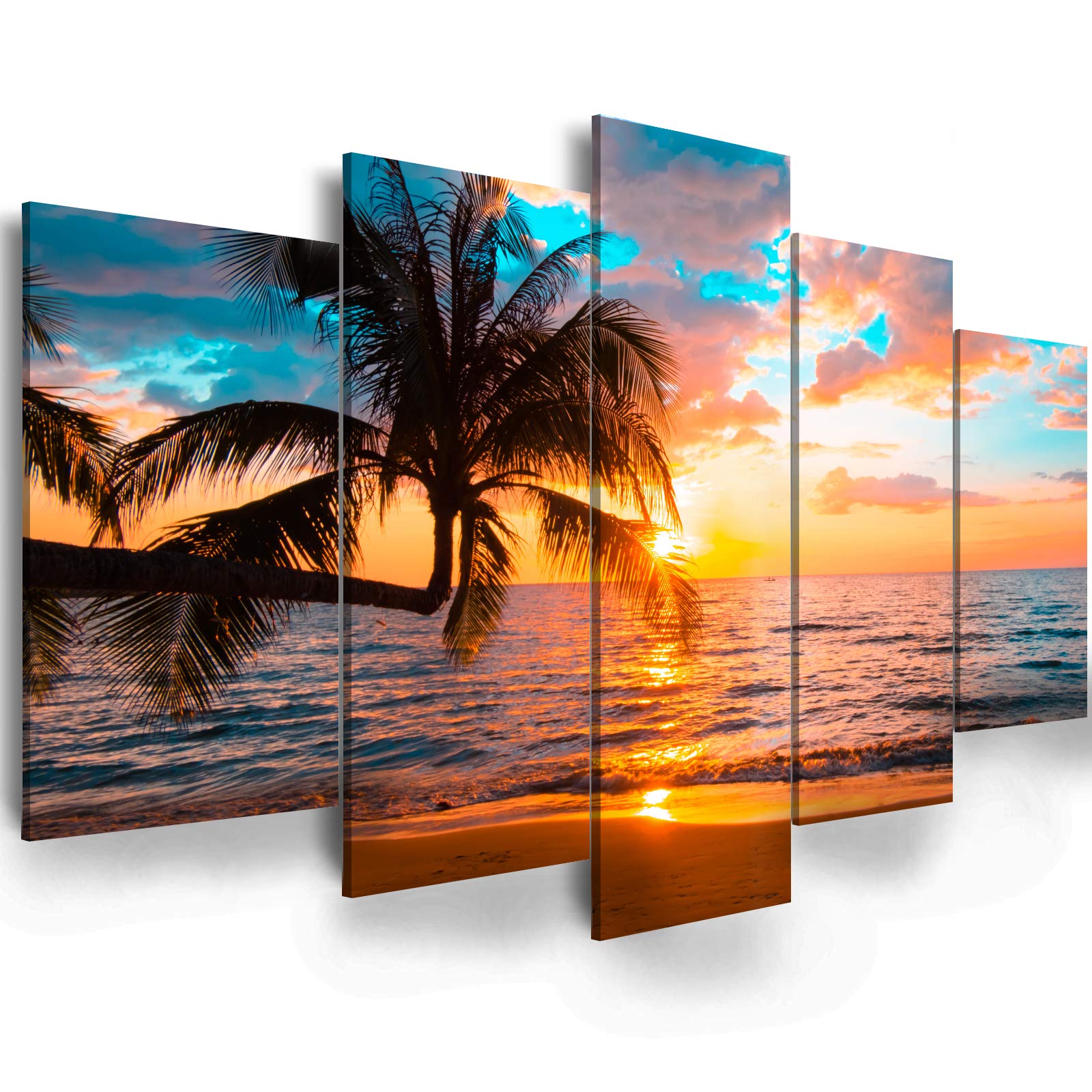 Abstract Ocean Landscape Wall Art - Blue Sky & Beach Canvas Print Painting for Home Decor (Set of 5, 80x40 Inches) - Perfect for Living Room, Bedroom & Office Wall Decorations