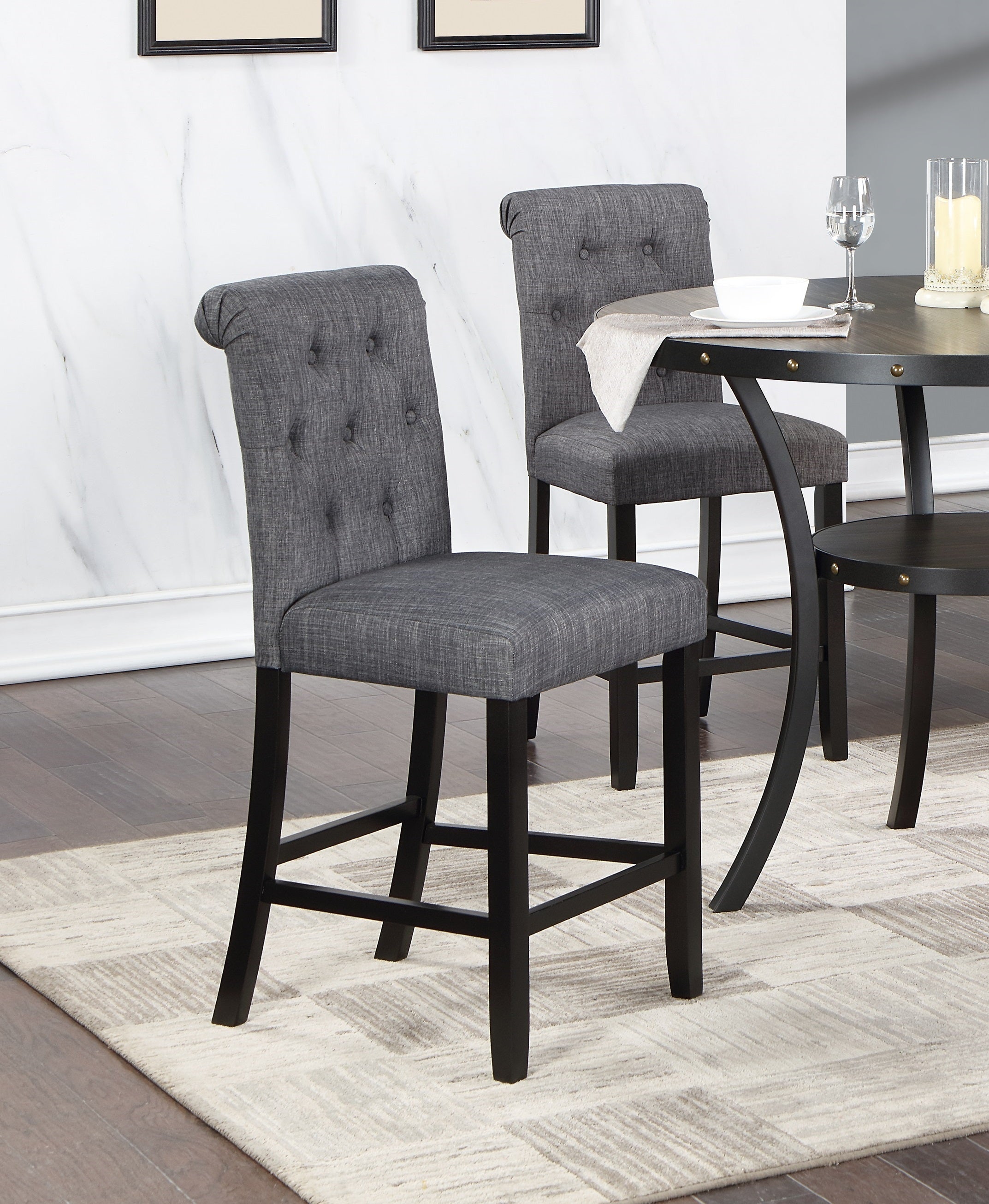 Set of 2 Charcoal Fabric Counter Height Dining Chairs with Plush Cushion & Tufted Back - Modern Kitchen Bar Stools for Breakfast Nook, Dining Room, and Small Space