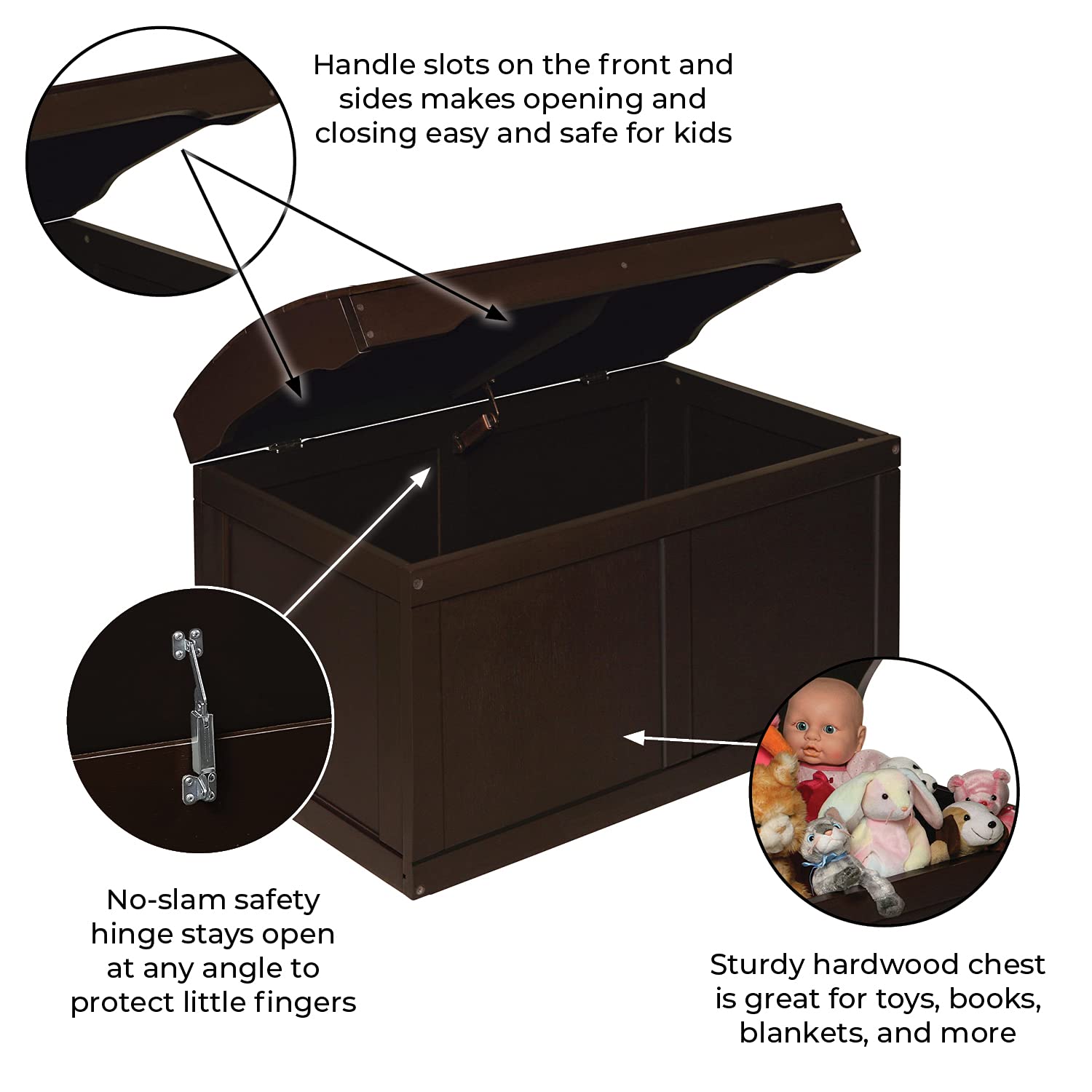 Badger Basket Kids Hardwood Toy Box with Safety Hinge - Espresso Finish Barrel Top Storage Chest for Bedroom, Playroom & Nursery Organization