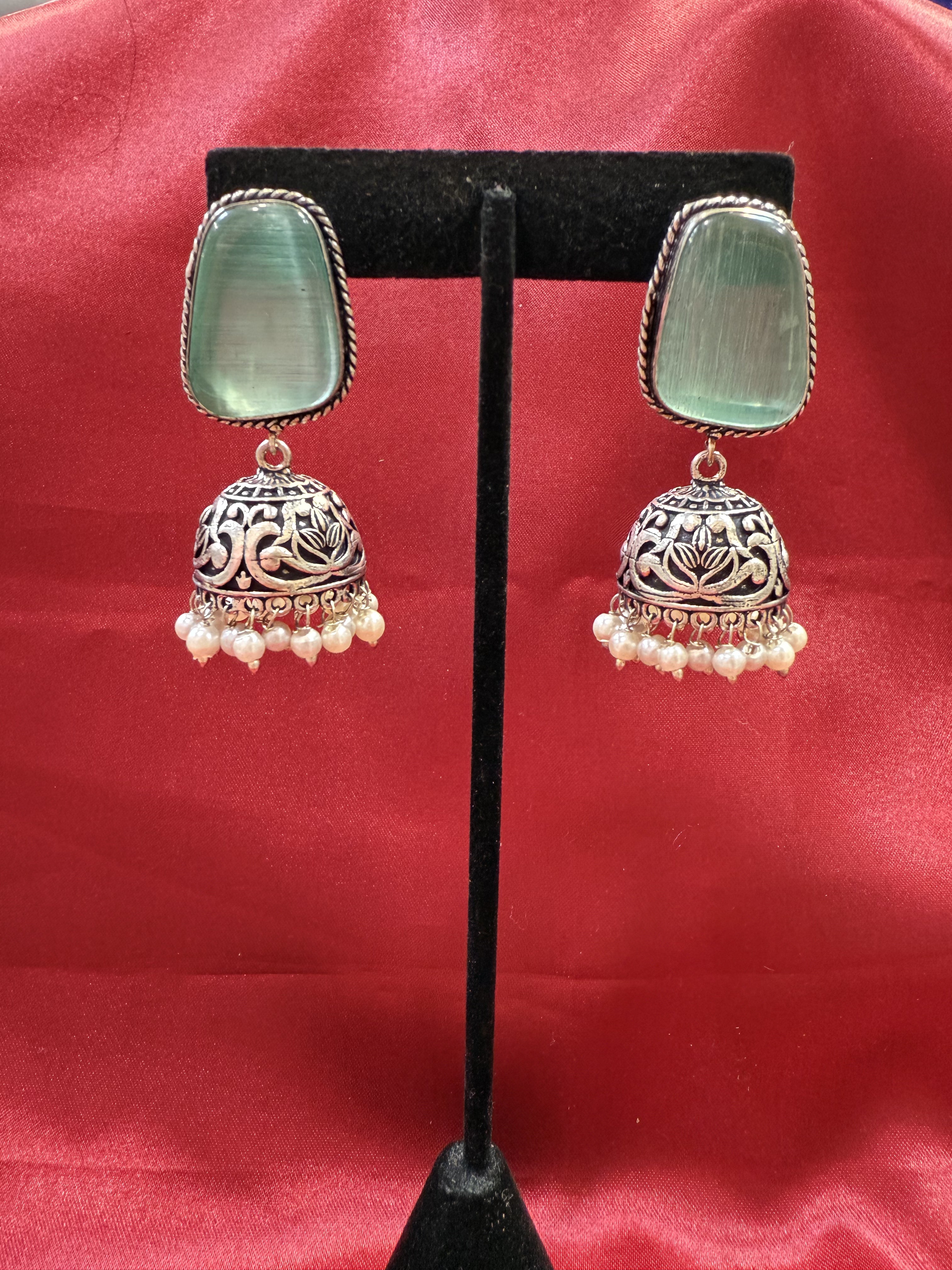 Oxidized Sky Blue Stone Jhumka Earrings with White Bead Hangings - Traditional Indian Jewelry for Weddings, Parties & Festive Occasions