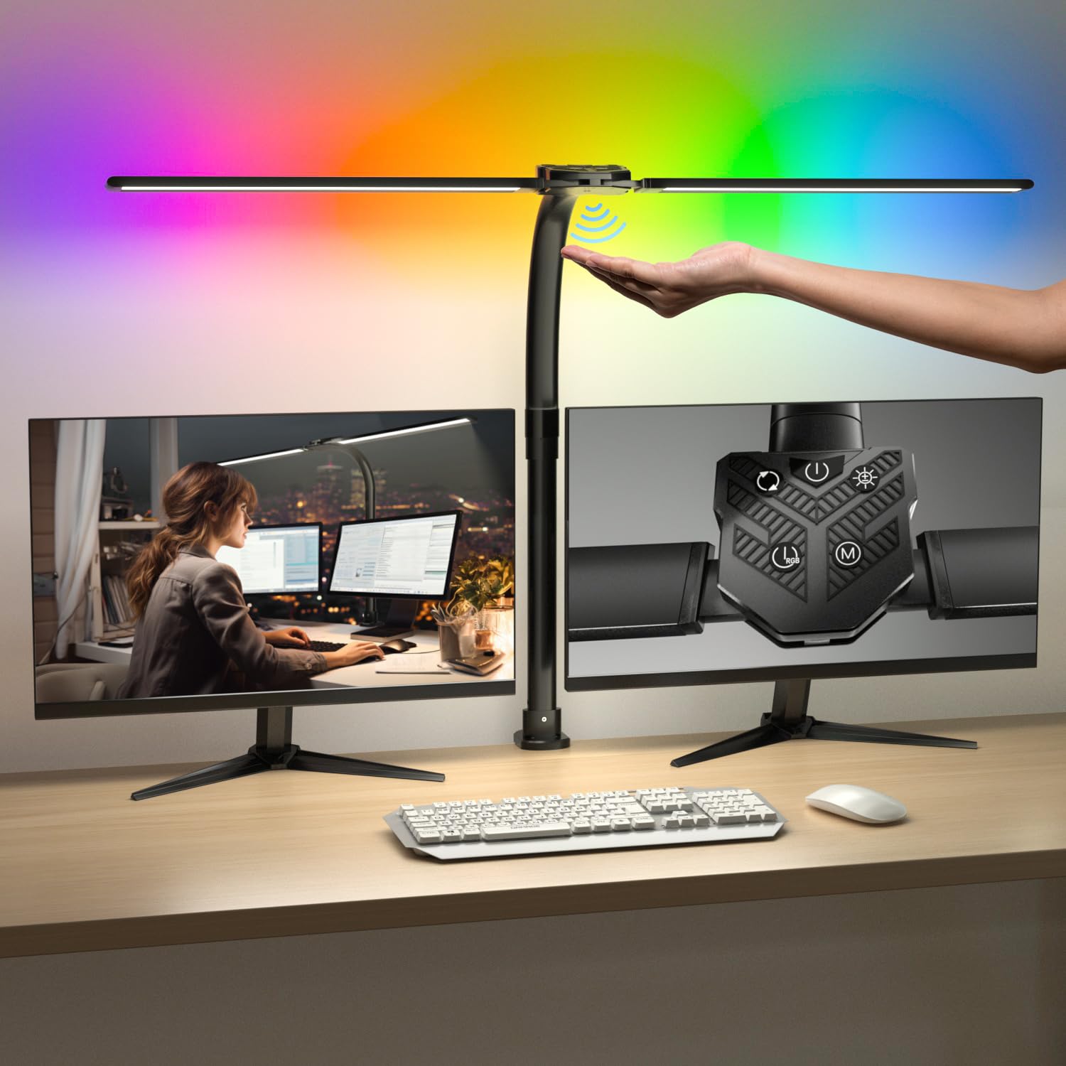 Double Swing Arm Desk Lamp - 24W Ultra Bright LED Clamp Light with Auto Dimming & RGB Mood Lighting, Multi-Angle Adjustable Touch Control Table Lamp for Office, Study, Gaming & Reading