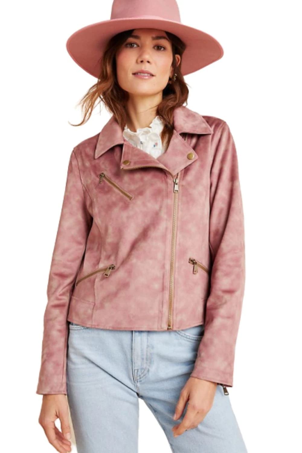 Anthropologie Women's Faux Suede Leather Tie-Dye Pink Moto Crop Jacket | Stylish Vegan Leather Biker Jacket for Women | Perfect for Casual Outings, Date Nights & Fall Layering