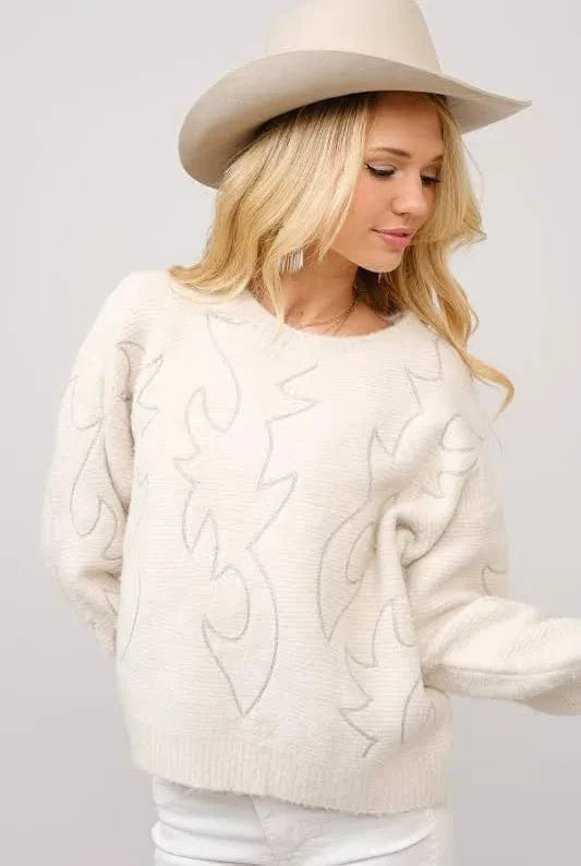Women's Western Boots with Stitched Knit Sweater - Cream Color Cowgirl Boots for Country Rides & Fall Fashion