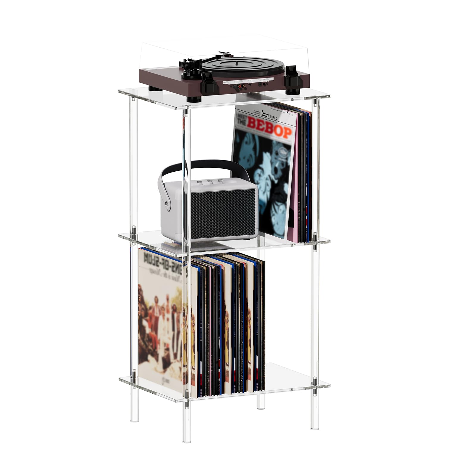 HMYHUM 3-Tier Acrylic Record Player Stand with Vinyl Storage - Modern Turntable Side Table/End Table for Living Room & Bedroom - 15.7