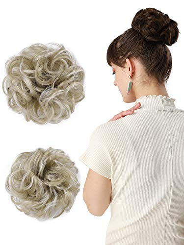 REECHO Thick 2PCS Messy Bun Hair Extensions - Curly Wavy Ponytail Hairpieces with Scrunchies for Women & Girls | Ash Blonde with Light Blonde Highlights | Perfect for Updos, Parties & Everyday Styling