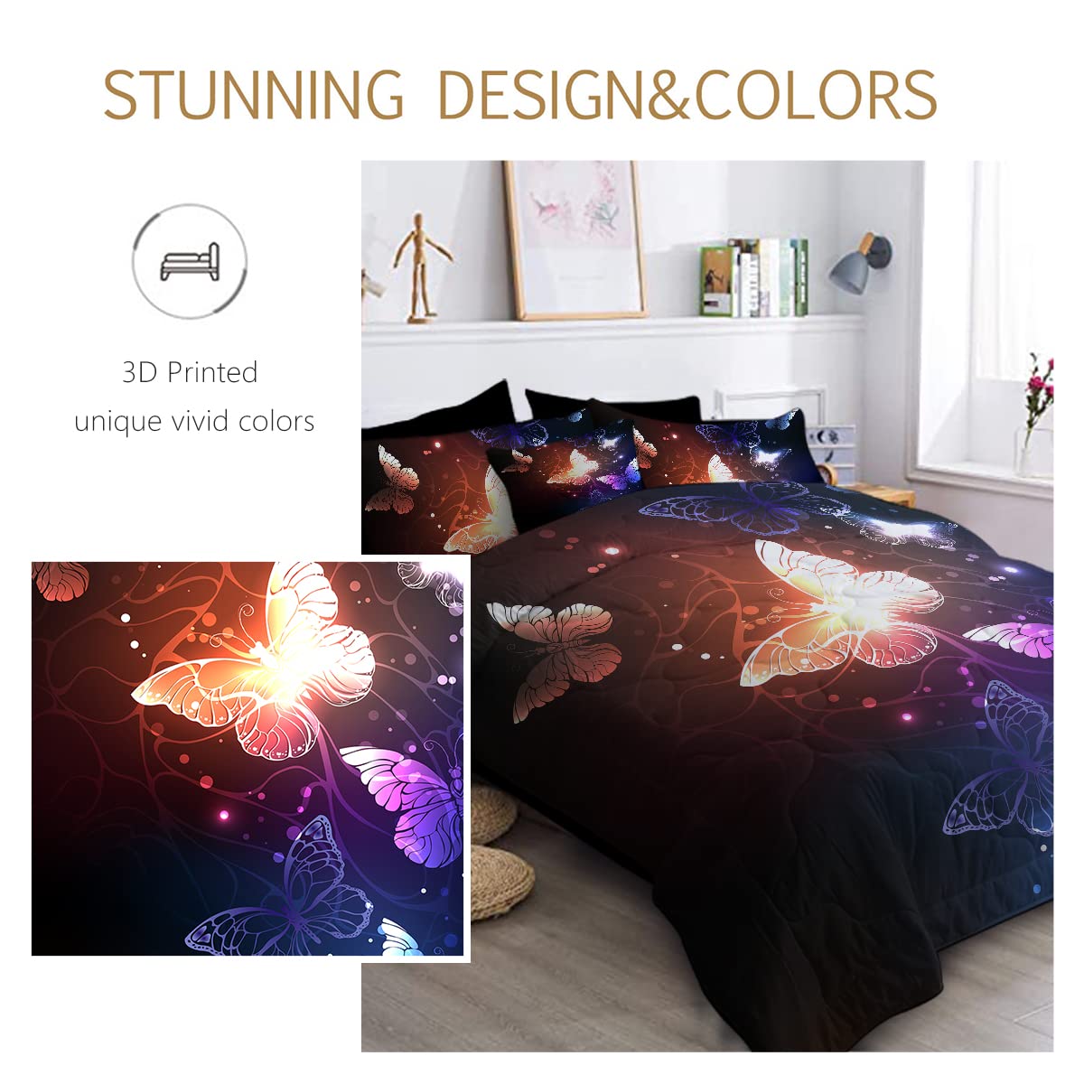**BlessLiving 8-Piece Butterfly Comforter Set - Sparkle Bedding with Glow Butterflies, Dark Blue King Size Bed in a Bag (1 Comforter, 2 Shams, 1 Flat Sheet, 1 Fitted Sheet, 2 Pillowcases, 1 Cushion Cover) - Perfect for Bedroom Decor, Guest Room, and Luxury Home Styling**