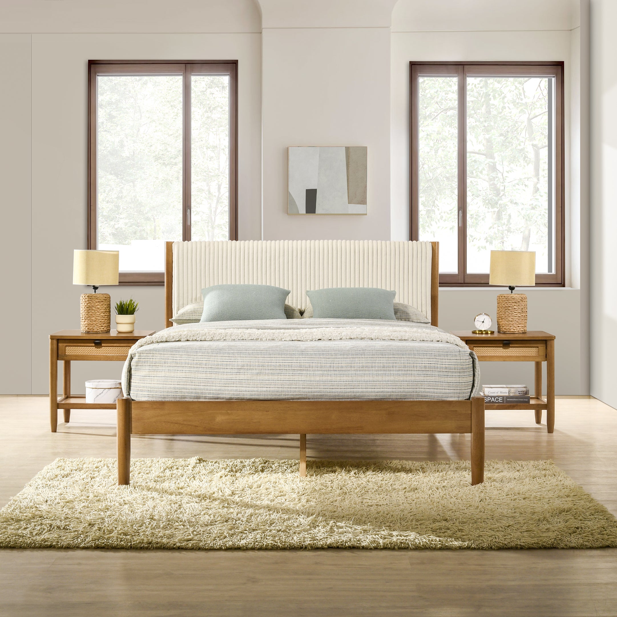 Roundhill Furniture Vichy 3-Piece Rubberwood Bedroom Set - Queen Size Platform Bed with 2 Nightstands for Modern Bedroom | Solid Wood Frame, Minimalist Design | Perfect for Master Bedroom, Guest Room & Small Spaces