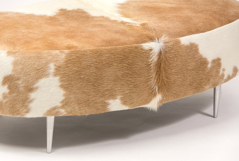 Premium Cowhide Ottoman with Metal Legs - Oval Beige & White Leather Footstool (47