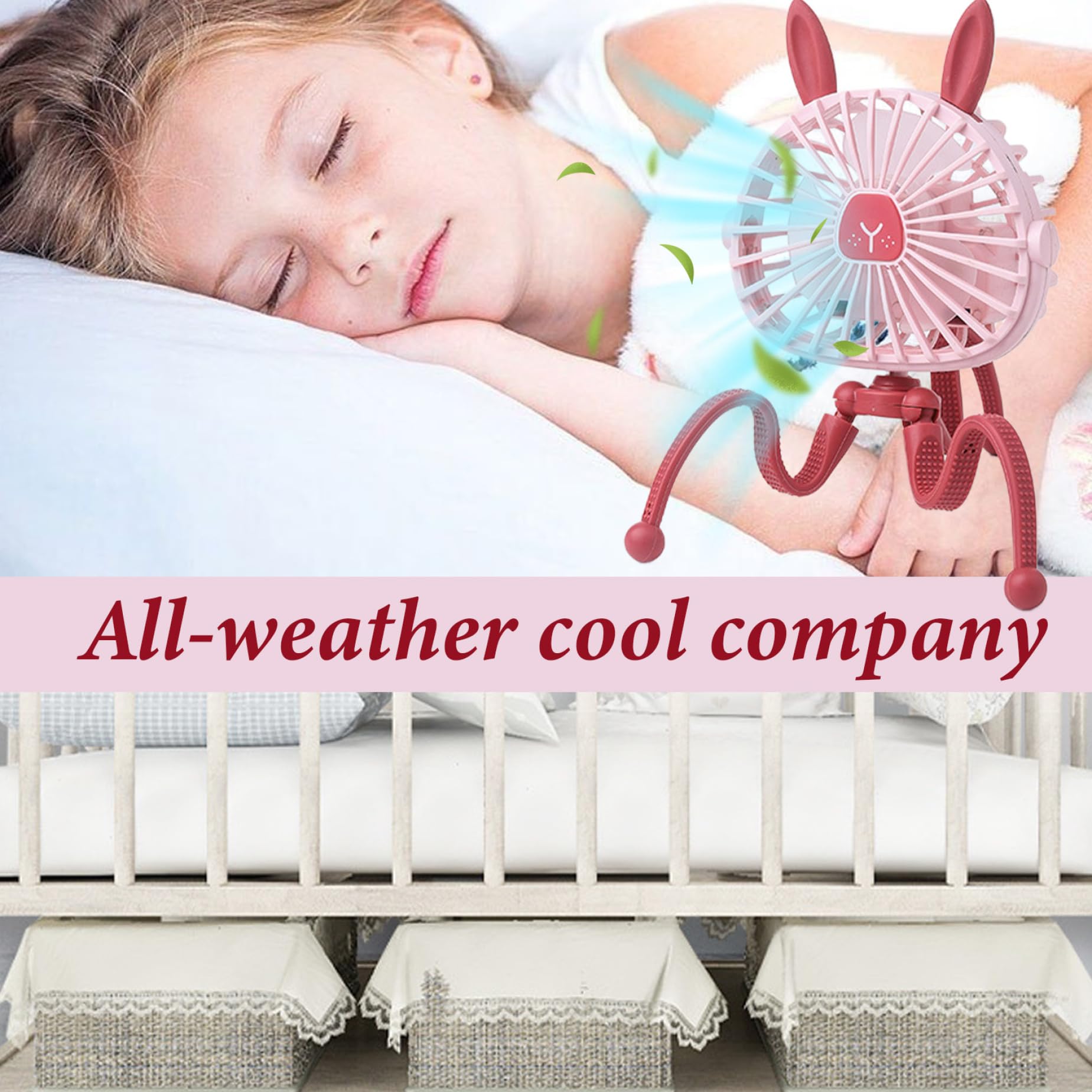 Cute Bunny Stroller Fan - 3 Speed Adjustable USB Rechargeable Baby Fan with Light, 360° Rotation & 500mAh Battery | Perfect for Strollers, Car Seats, Desks, Camping & Outdoor Activities
