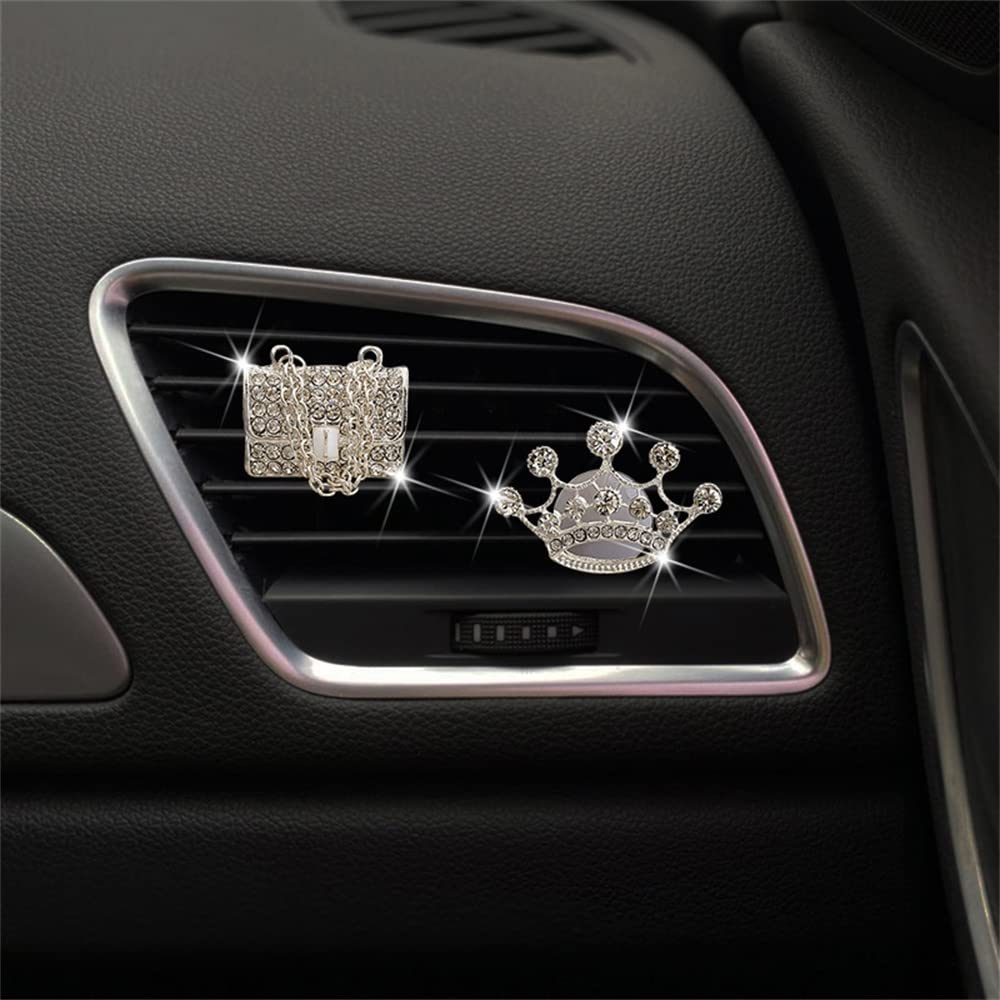 Sparkly Rhinestone Car Vent Clips - 4 Piece Set (High Heel, Magic Bag, Crown) | Bedazzled Car Accessories for Girls | Car Interior Decorations & Cute Dashboard Charms - Perfect for Gifts, Parties & Vehicle Customization
