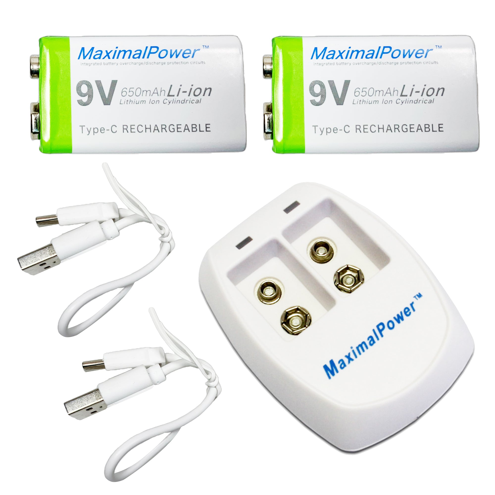 9V 650mAh Rechargeable Lithium Ion Battery with USB Type C Cable - Power for Guitar Pedals, Smoke Detectors & Electronic Devices