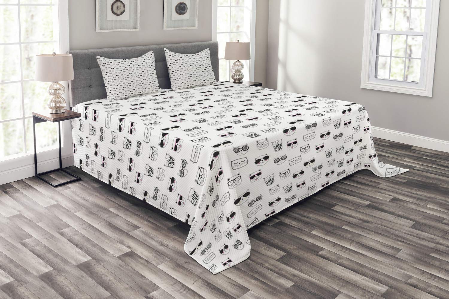 Ambesonne Cat Bedspread Set - King Size 3-Piece Bedding with Cool Hipster Cat Portraits, Sunglasses & Funny Doodle Designs in Black White Pink | Includes Coverlet & 2 Pillow Shams | Perfect for Cat Lovers' Bedroom Decor, Guest Rooms or Funny Gift Idea