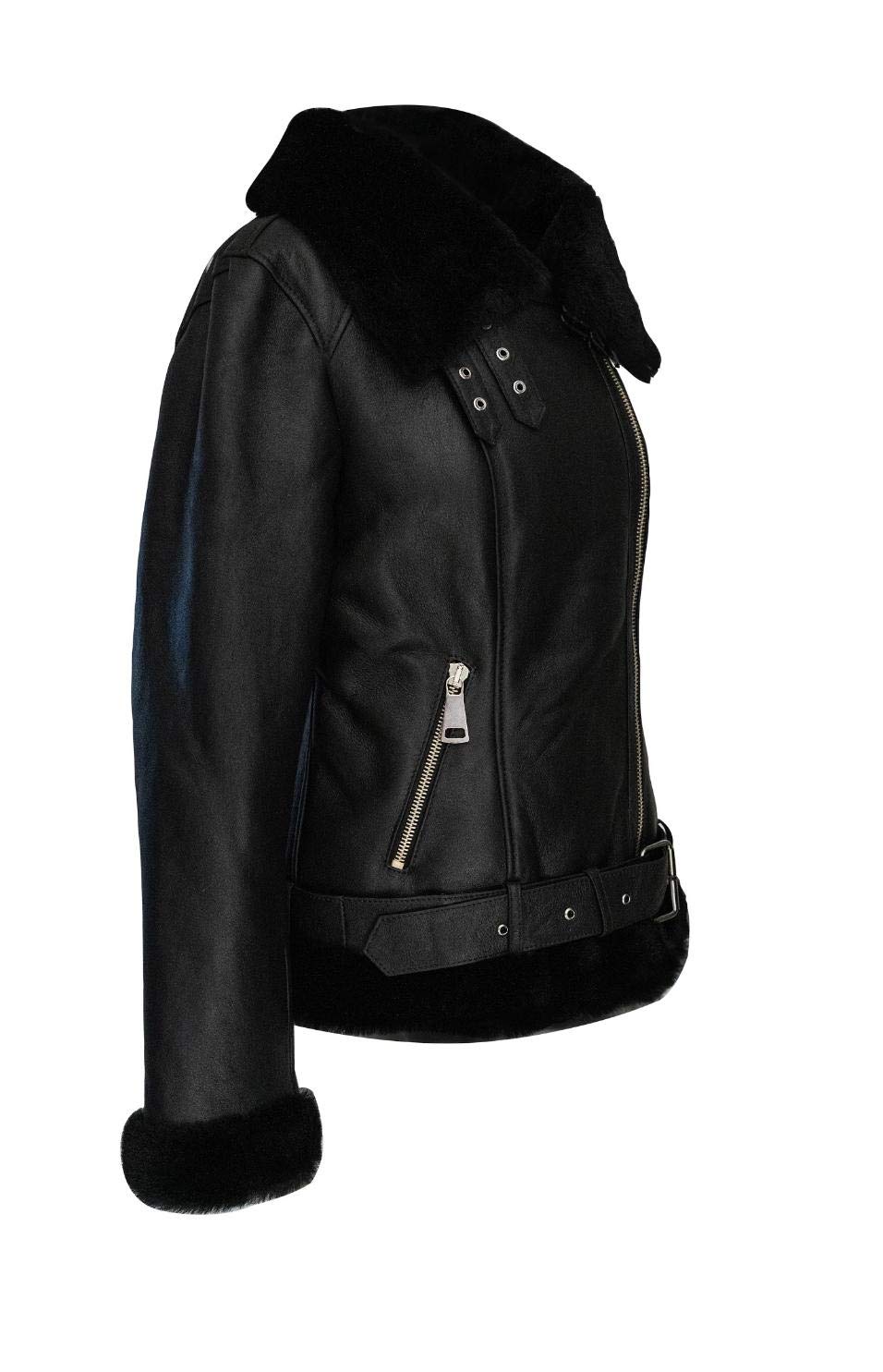 Women's Genuine Sheepskin Shearling Leather Bomber Jacket - 100% Natural Wool Fur Aviator Pilot Coat (Black with Fur) | Vintage WWII Style Winter Outerwear for Cold Weather & Fashion Statement