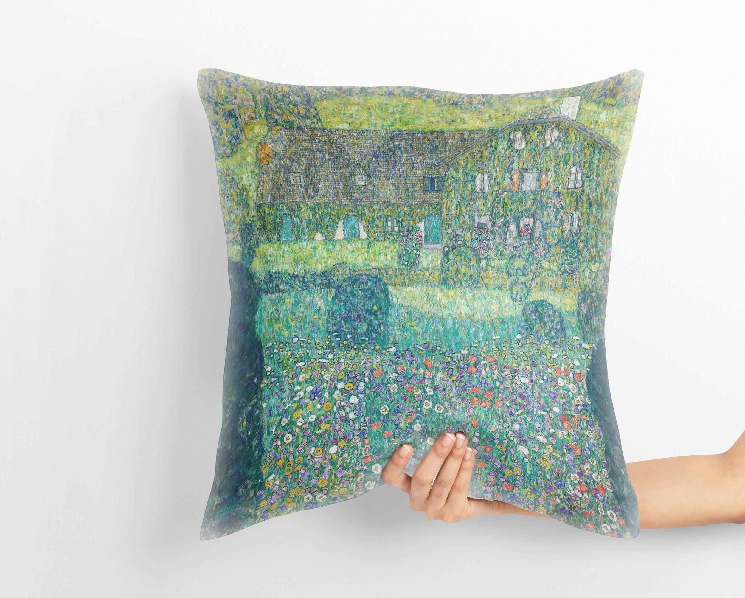Gustav Klimt Famous Art 'Forester's Lodge in Weissenbach' Abstract Pillow Case - Soft Modern Green Decorative Throw Pillow Cover for Living Room, Bedroom & Sofa