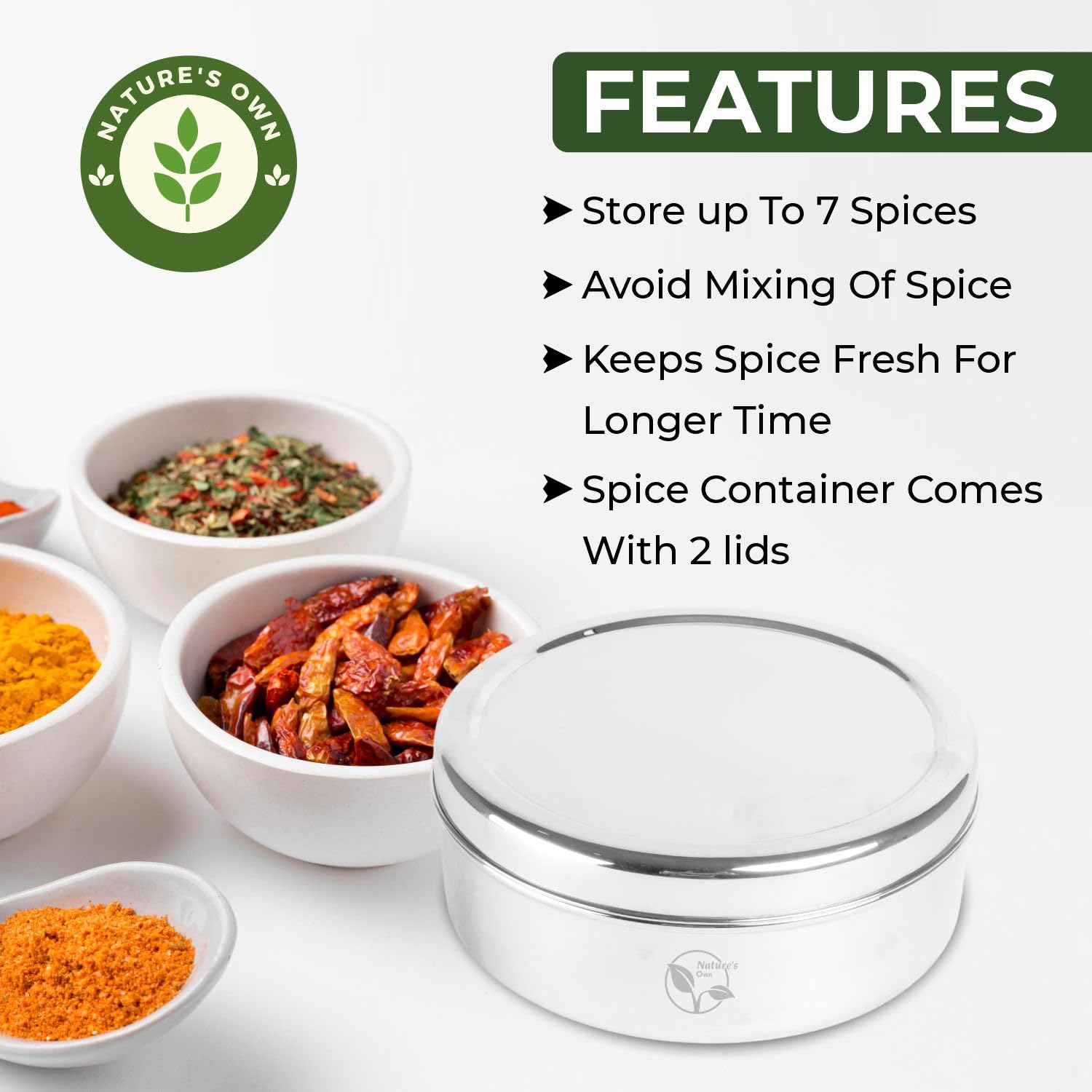 Premium Stainless Steel Spice Box with 7 Compartments & 2 Lids - Mirror Polish Masala Dabba with Individual Containers for Spices Storage | Durable 16CM Kitchen Organizer for Indian Cooking, Meal Prep & Spice Display