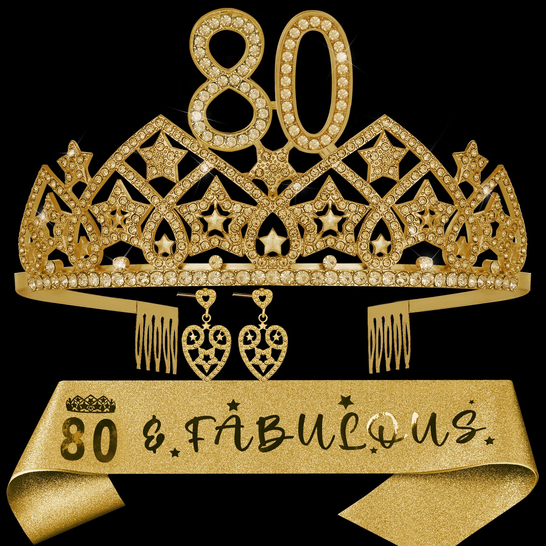 HnoonZ 80th Birthday Party Decorations Set for Women - 3 Piece Birthday Crown, Sash & Earrings - Elegant 80th Birthday Party Supplies for Women - Perfect for Milestone Celebrations, Birthday Parties & Photo Shoots