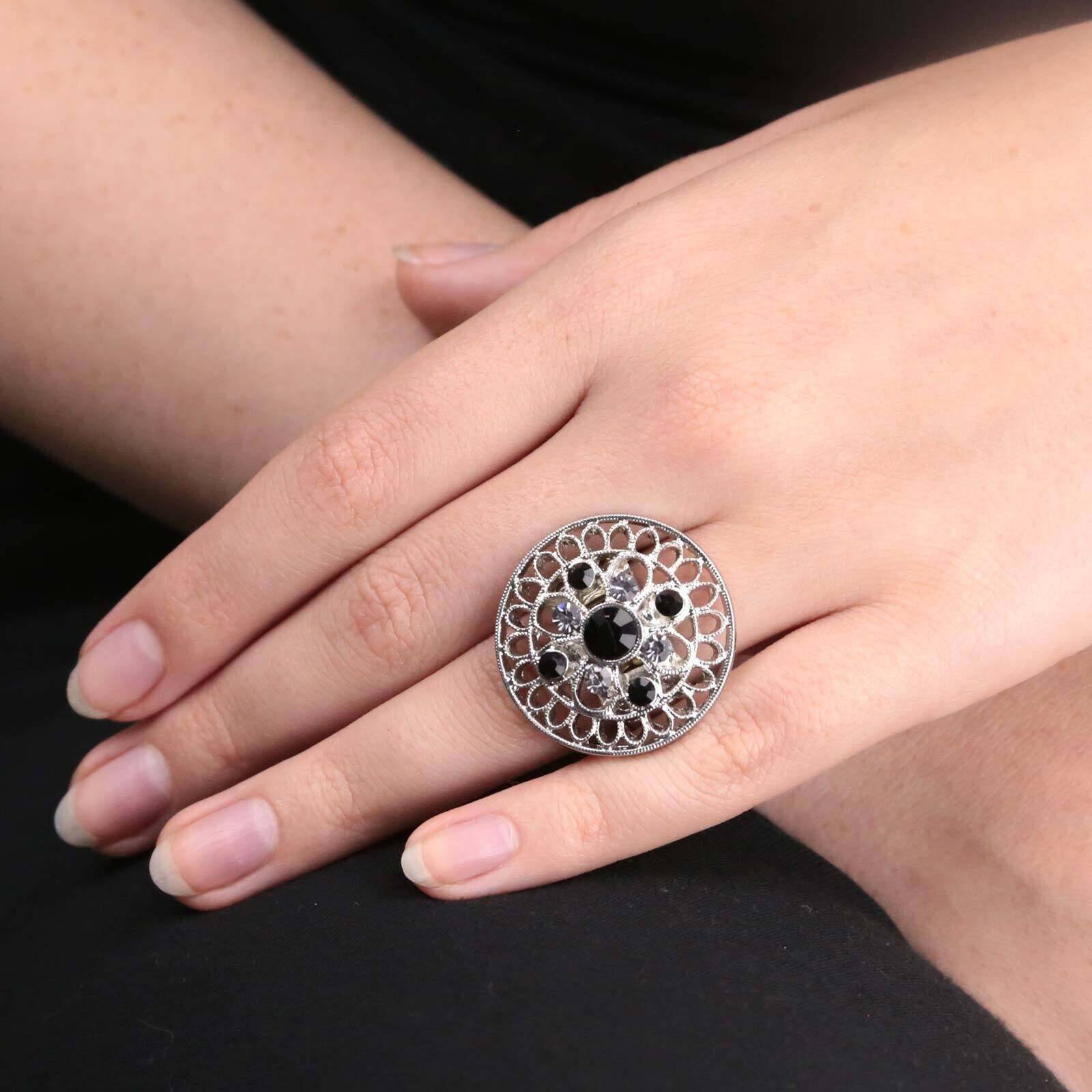 1928 Jewelry Black Diamond & Crystal Round Stretch Ring for Women - Elegant Fashion Accessory for Parties, Weddings & Evening Events