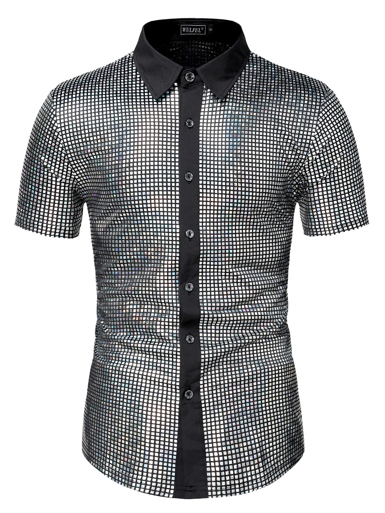 WULFUL Men's Disco Shirt with Sequins - 70s Vintage Short Sleeve Button Down Party Shirt for Costume, Nightclub, and Themed Events | Perfect for Halloween, Disco Parties, and Retro Celebrations