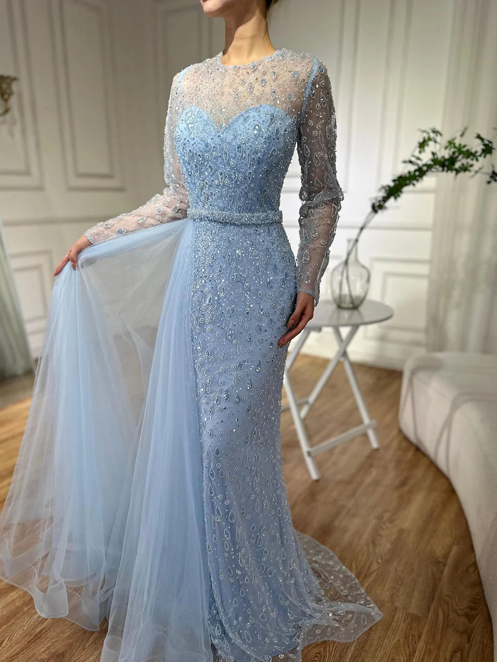 Elegant Blue Saudi Arabic Evening Gown with Beaded Side Overskirt - Dubai Luxury Formal Dress LA72734 for Wedding, Gala & Special Occasions