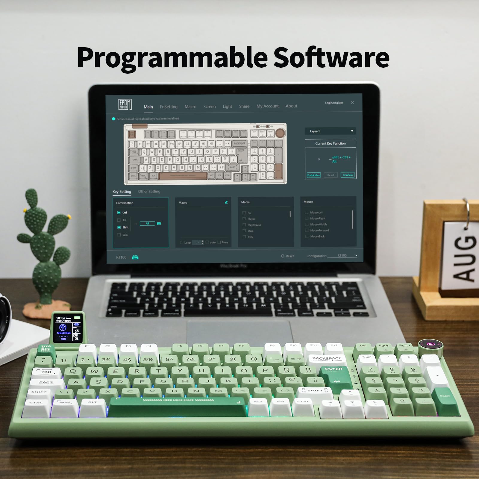 EPOMAKER RT100 97-Key ISO UK Layout Mechanical Gaming Keyboard - Customizable Mini Screen & Knob, Gasket Mount, 3-Mode Connectivity (Bluetooth 5.0/2.4GHz/USB-C), Hot-Swappable Switches (Green Wisteria Linear) - Perfect for PC Gaming, Office Work & Typing Enthusiasts