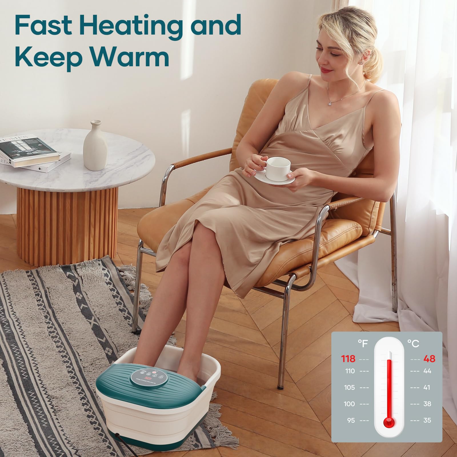 CURECURE Collapsible Foot Spa Bath Massager with Heat & Bubbles - Adjustable Temperature (95-118℉) Fast Heating Foot Soaker with Pedicure Stone & Massage Rollers - Perfect for Home Relaxation, Stress Relief & Pedicure Care - Ideal for Spa Night, Self-Care Routine & Post-Workout Recovery