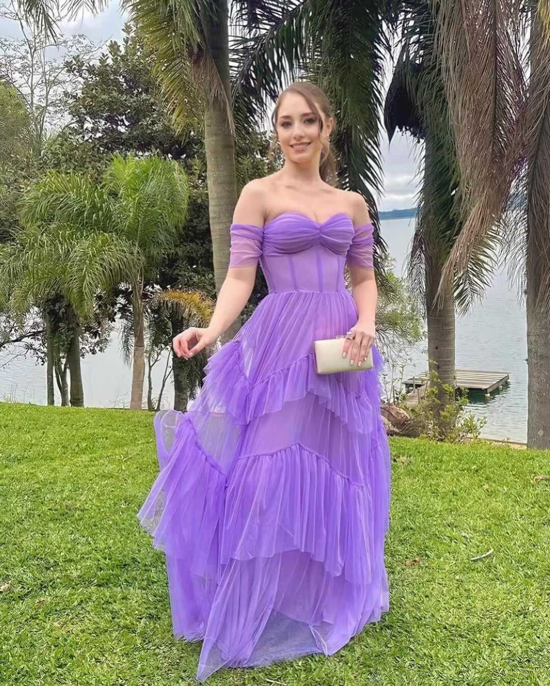 Elegant Off-The-Shoulder A-Line Purple Tulle Long Prom Dress J2798 - Perfect for Homecoming, Formal Dances & Special Occasions