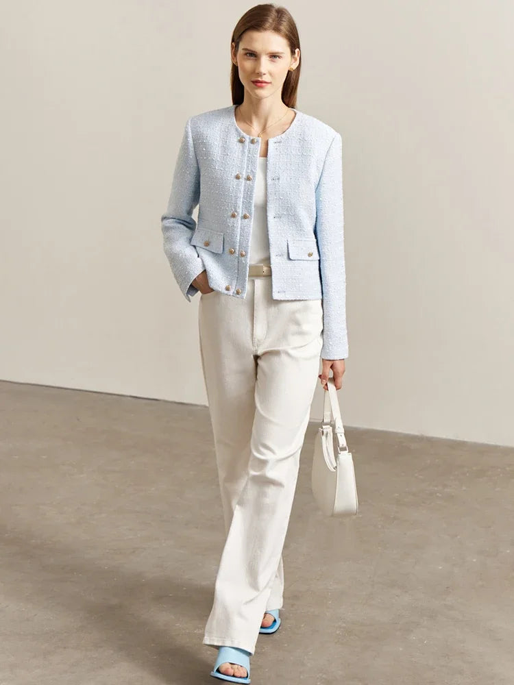 Stylish Minimalist Women's Jacket - Spring Lightweight Tuxedo Coat with Elegant Round Neck & Straight Shoulder | Perfect for Office Wear, Casual Outings & Spring Fashion