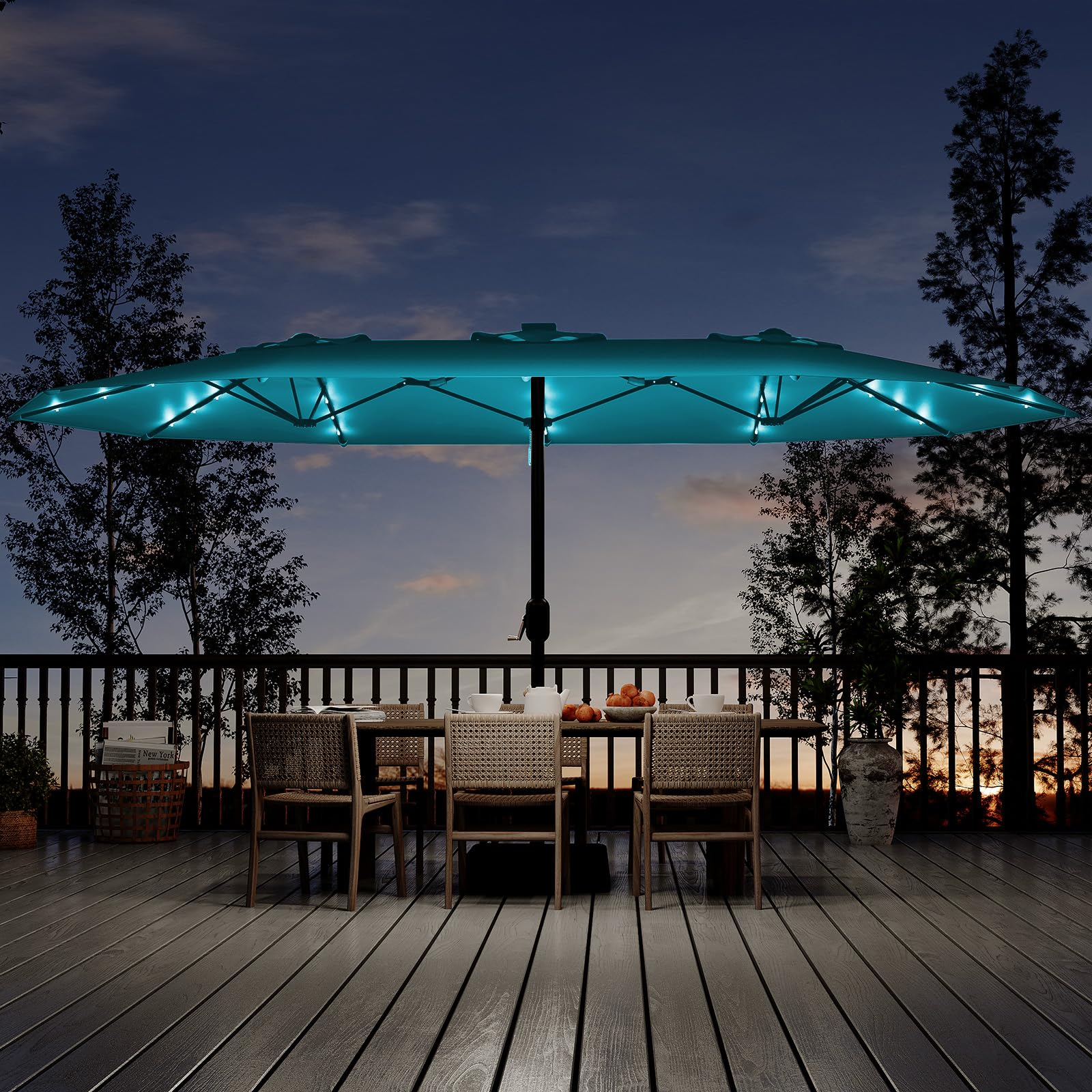 GARVEE 15ft Solar Powered Patio Umbrella with 36 LED Lights - Double Sided Outdoor Umbrella with Cross Base for Pool, Deck, Backyard, Garden - Turquoise (Perfect for Summer Evenings, Outdoor Dining & Relaxation)