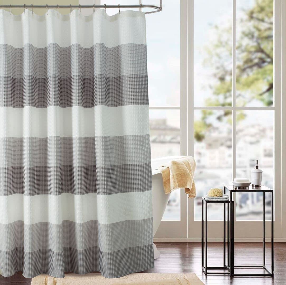 Luxury Silver Gray Waffle Striped Diamond Jacquard Shower Curtain - Hotel Style Bathroom Decor for Spa-Like Experience