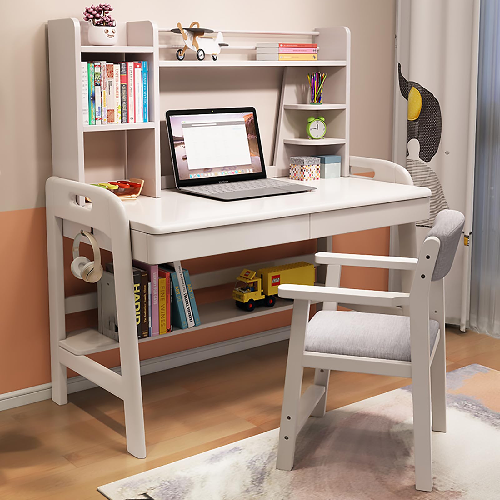 Kids Writing Desk with Drawers & Bookshelf - Solid Wood Study Table for Children | Home Office & School Learning Workstation (31.5 Inch, White) - Perfect for Homework, Online Classes & Creative Activities