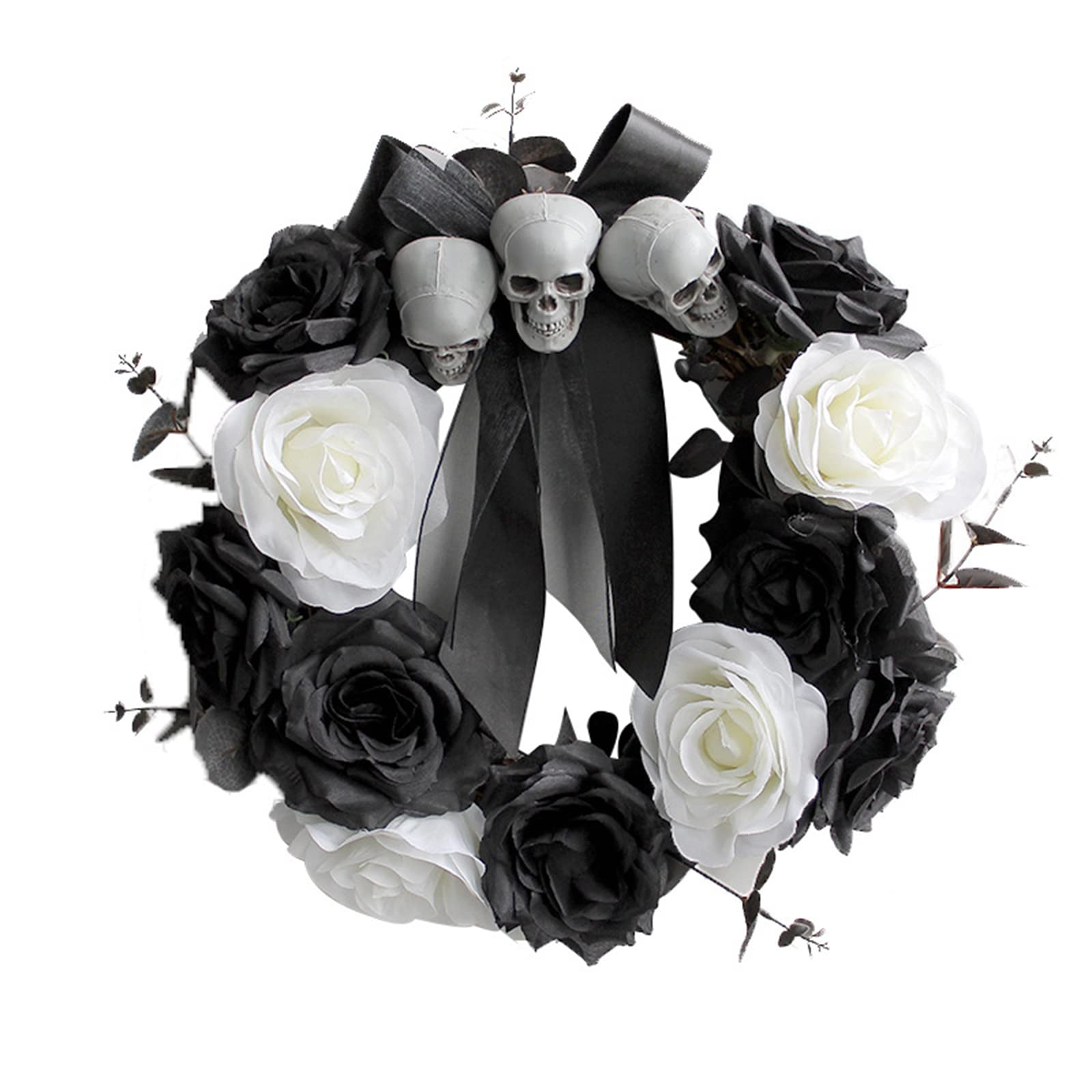 UIYIHIF 14 Inch Artificial Halloween Wreath with Skull & Black White Roses - Spooky Front Door Decor for Halloween, Window & Wall Decoration - Perfect for Haunted House Theme & Halloween Party Decorations