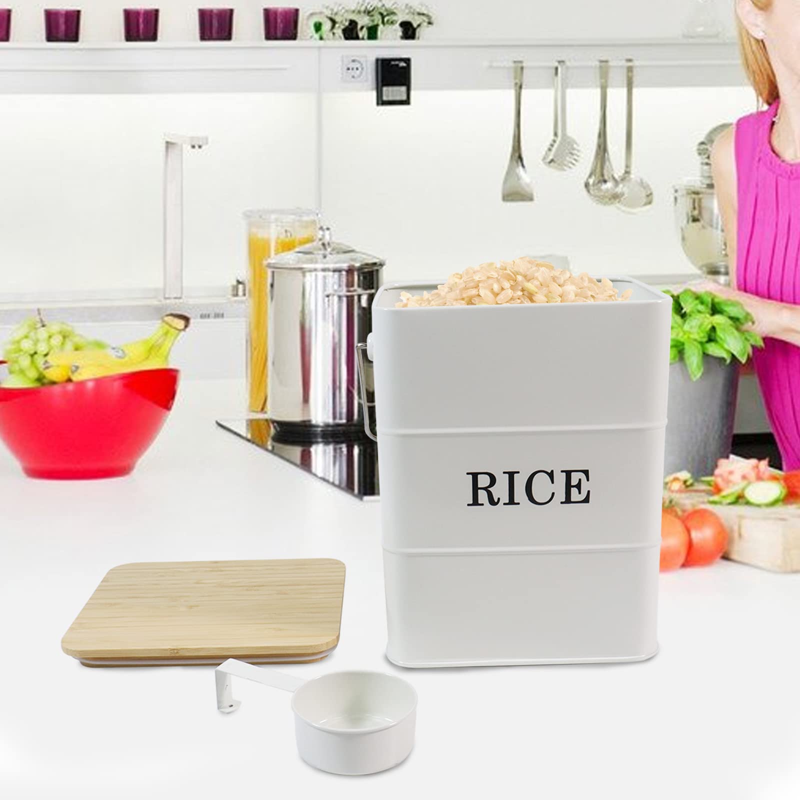 Airtight Metal Rice Storage Bin with Bamboo Lid & Scoop - Food Storage Container for Rice, Flour, Soybean, Grain & Cereal - Perfect for Kitchen Pantry Organization & Bulk Food Storage (White)