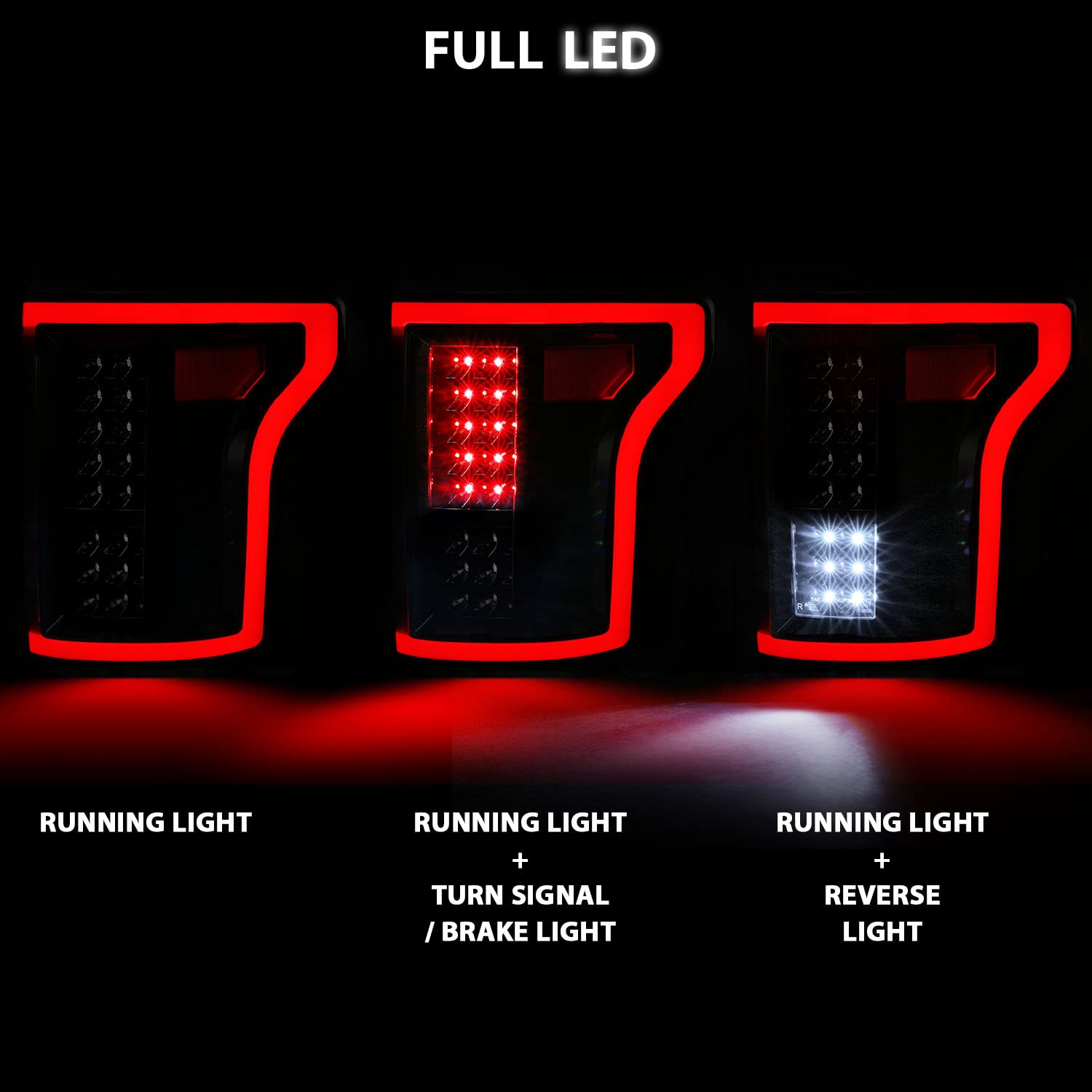 2015-2017 Ford F150 LED Tail Lights - AmeriLite 3D C-Type Dark Black Tube Style Full LED Tail Light Assembly Pair (Driver & Passenger Side) | Enhanced Night Visibility & Modern Look for Your Pickup Truck
