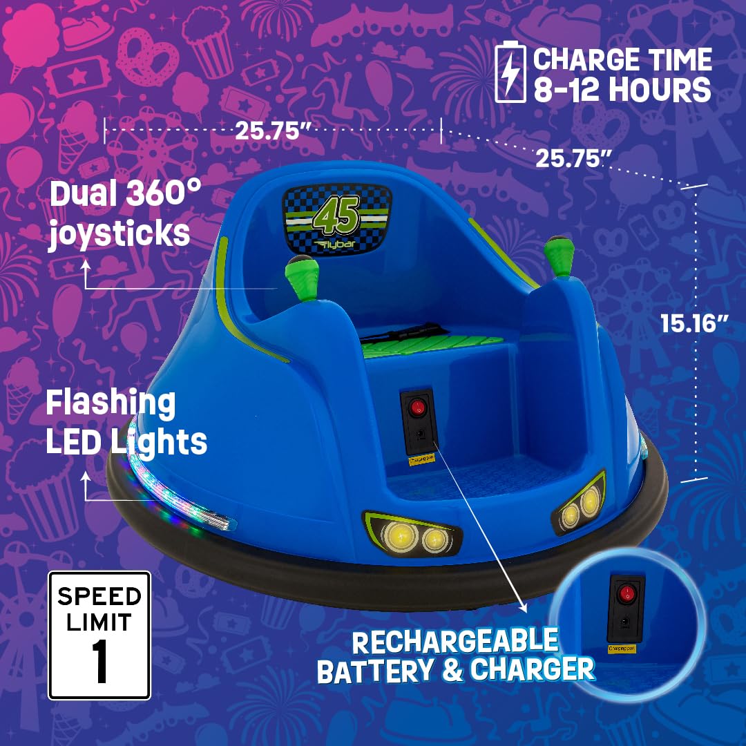 Flybar FunPark 6V Electric Bumper Car for Kids Ages 1.5-4 Years - Toddler Ride-On Toy with LED Lights & 360° Spinning - Supports 66 lbs (No Remote) - Perfect for Indoor Playrooms, Birthday Parties & Backyard Fun
