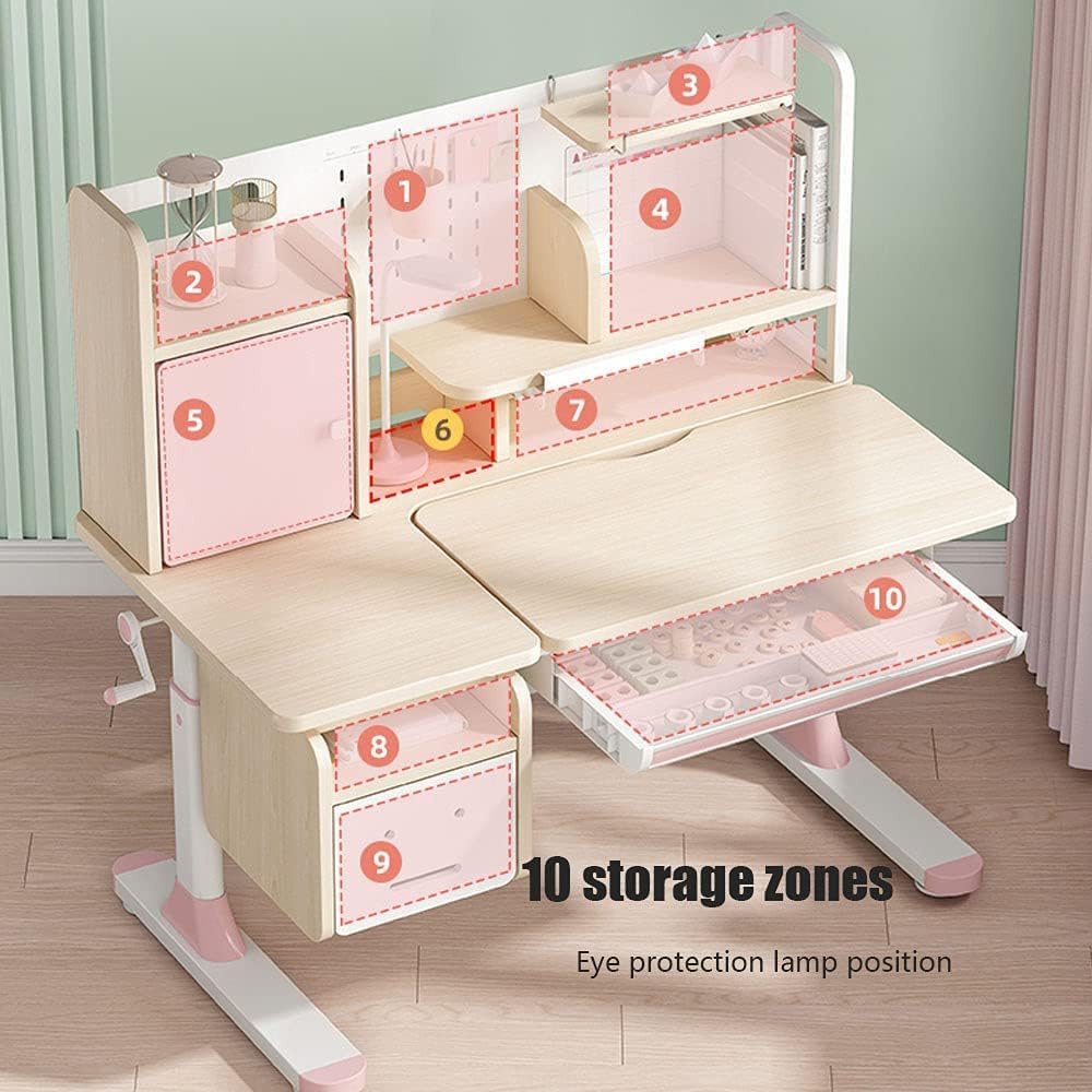 FCD Kids Desk - Adjustable Wooden Study Desk for Students with Tilt Desktop, Tablet Holder & Storage | Ergonomic Multi-Function Workstation for Homework, Drawing & Computer Use | Pink Children's Study Table with Bookshelf & Drawers | Perfect for Bedroom, Homeschool & Small Spaces
