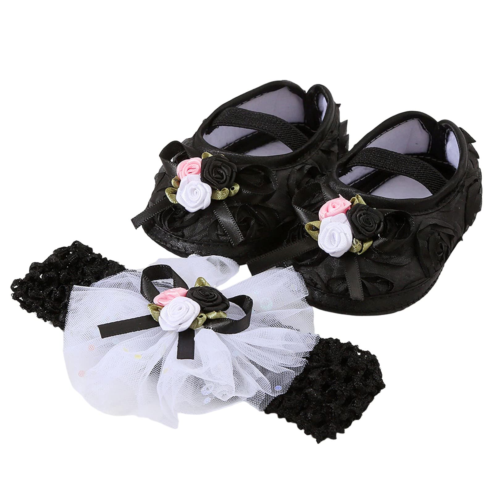 Adorable Baby Princess Shoes & Headband Set - Toddler Dress Shoes for Girls (Black, Size 3.5 Infant) | Perfect for Special Occasions, Photoshoots & Birthday Parties