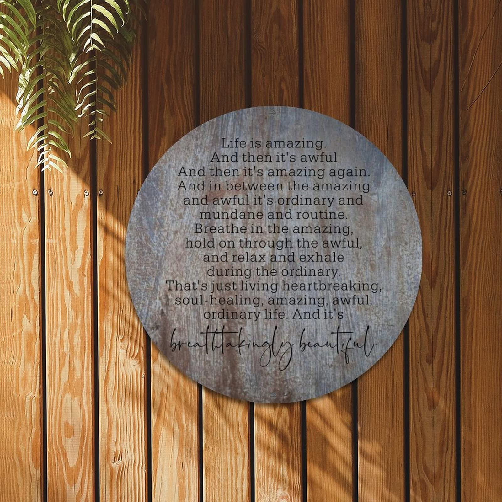 12in Round Metal Welcome Sign for Door - Motivational 'Life is Amazing and Then It's Awful' Wall Art - Weatherproof Tin Sign for Home, Kitchen, Restaurant & Man Cave Decor - Perfect for Entryways, Offices & Gifts