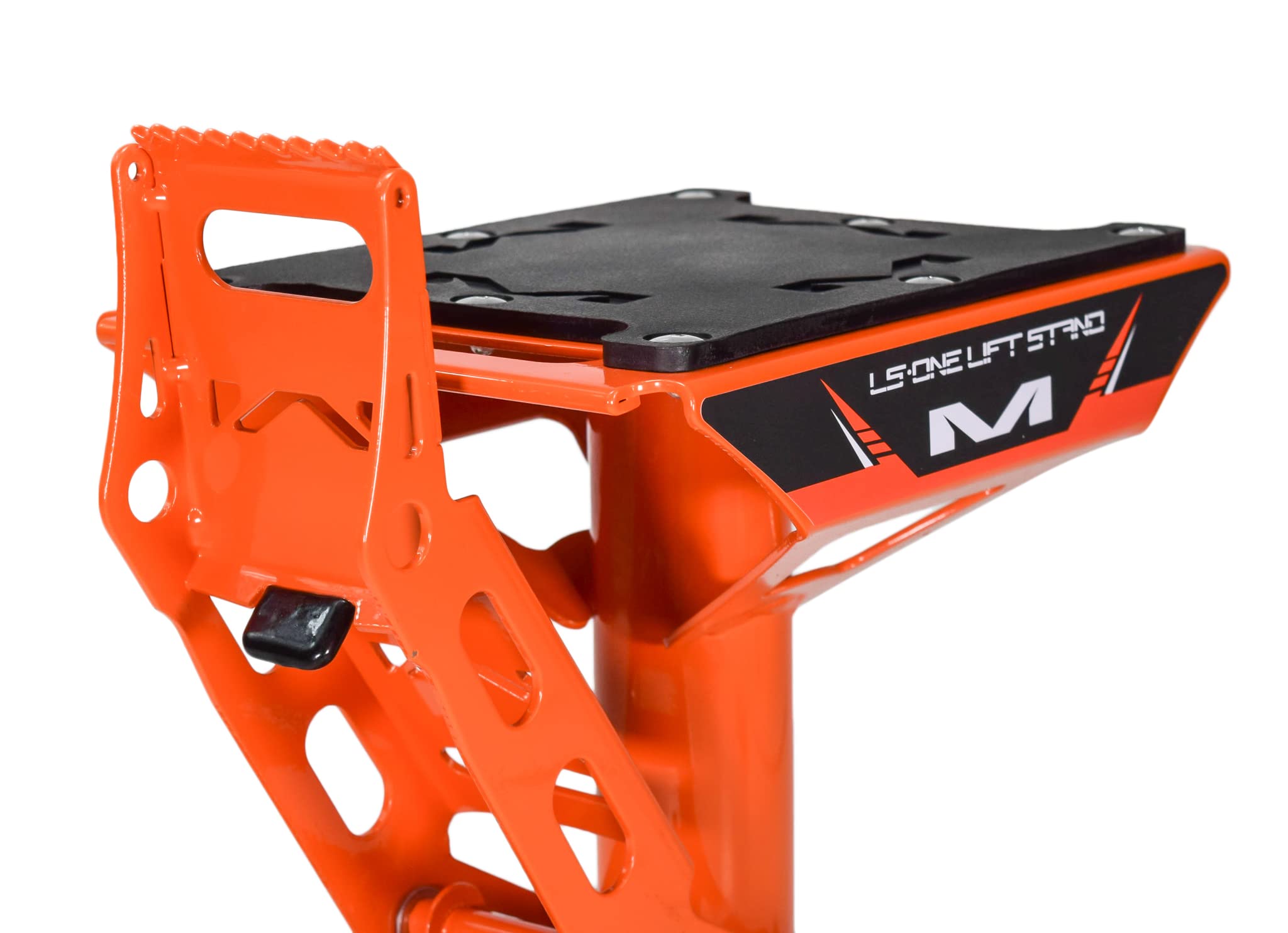 Matrix Concepts LS1 Dirt Bike Lift Stand - Heavy Duty Carbon Steel Construction, 500 lbs Weight Capacity for Motorcycles & Mini Bikes - Includes Sticker Pack (Orange) - Perfect for Garage Maintenance & Off-Road Bike Storage