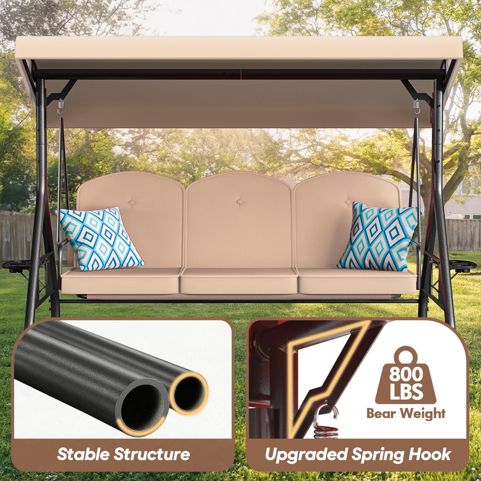 3-Seat Outdoor Porch Swing 800lbs Capacity - 2-in-1 Patio Glider Chair with Adjustable Canopy & Removable Cushions - Heavy Duty Steel Frame Swing Set with Stand for Garden, Deck, Backyard (Khaki, Round Tube) - Perfect for Relaxing, Lounging & Enjoying Outdoor Spaces