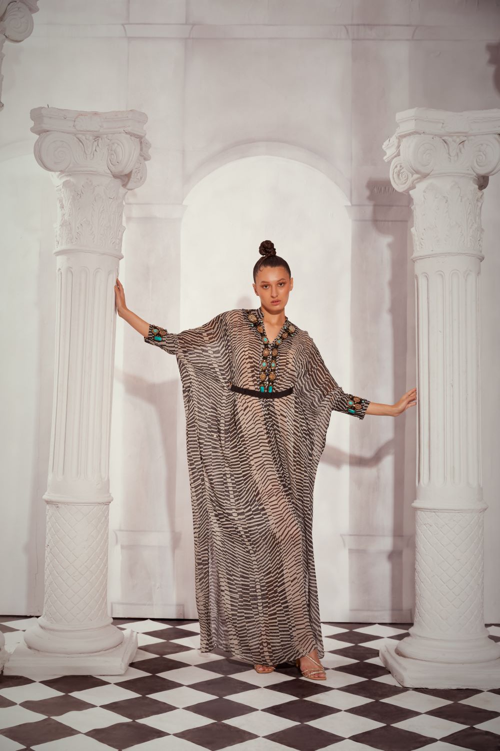 Black & White Byzantine Antique Stone Embellished Kaftan with Belt - Elegant Boho Maxi Dress for Women, Perfect for Beach Cover Up, Evening Parties and Special Occasions